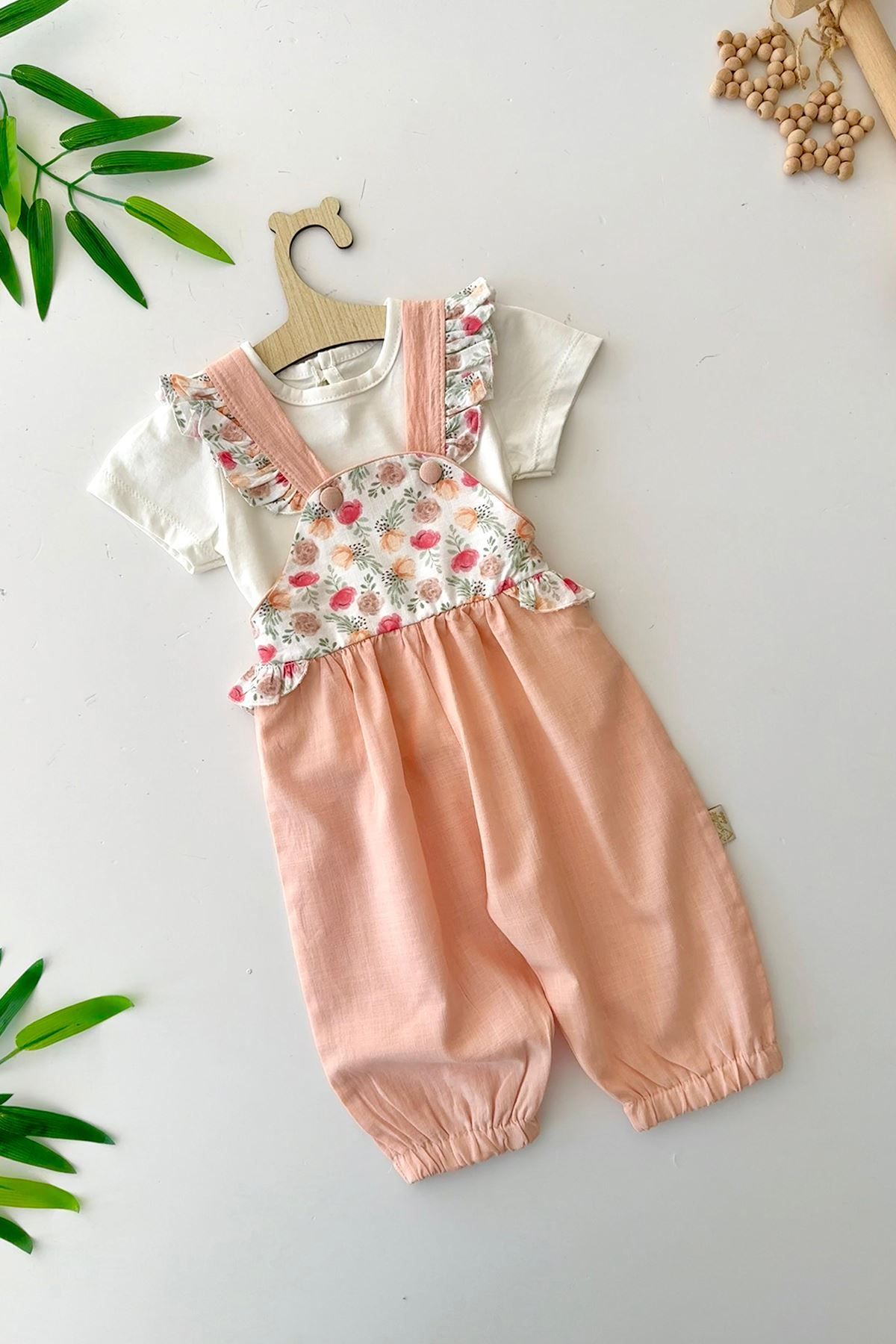 Minigimin Cicileri Miniğimin Cicileri Gül Desenli Fırfır Askılı Kız Bebek Şort Tulum 2 li Takım - Somon