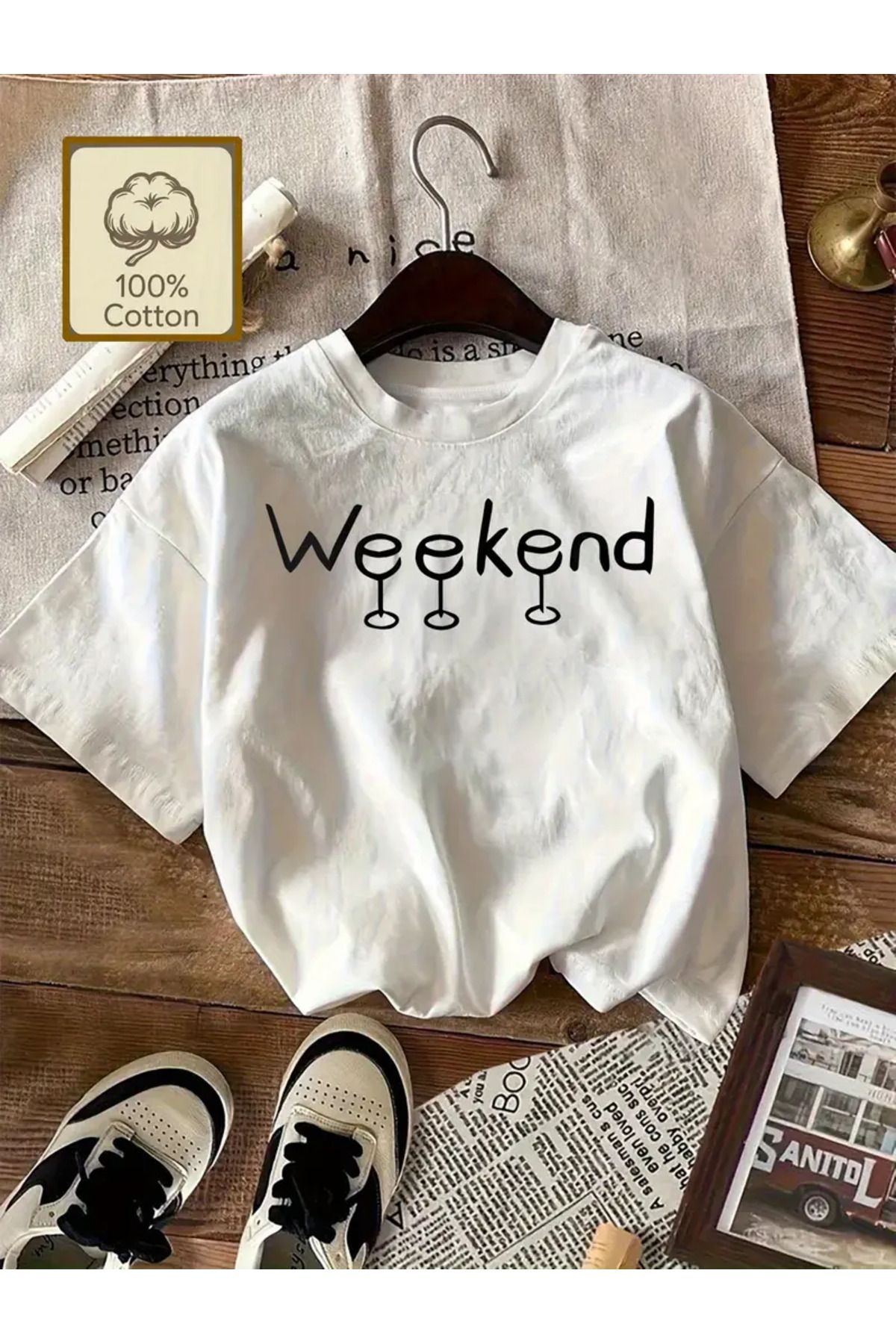 AEMİ Unisex Weekend Basklılı Oversize Bisiklet Yaka T-shirt