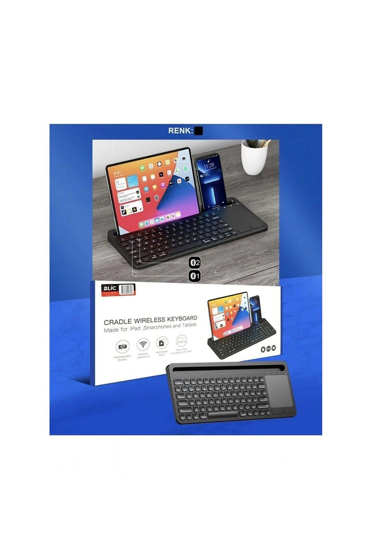 Blic BLİC Bk281 Game Center Bluetooh Wıreless Keyboard Siyah Touchpad Kablosuz Q Klavye