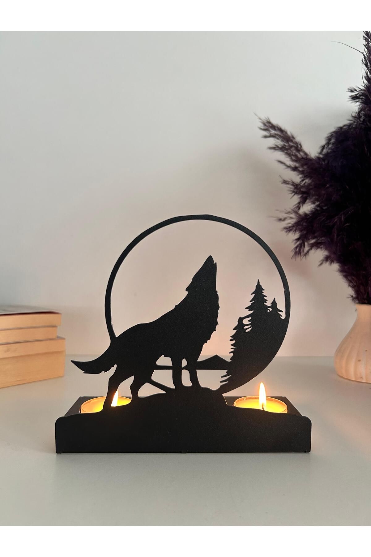 Alamer Decor Uluyan Kurt Temalı Metal Mumluk