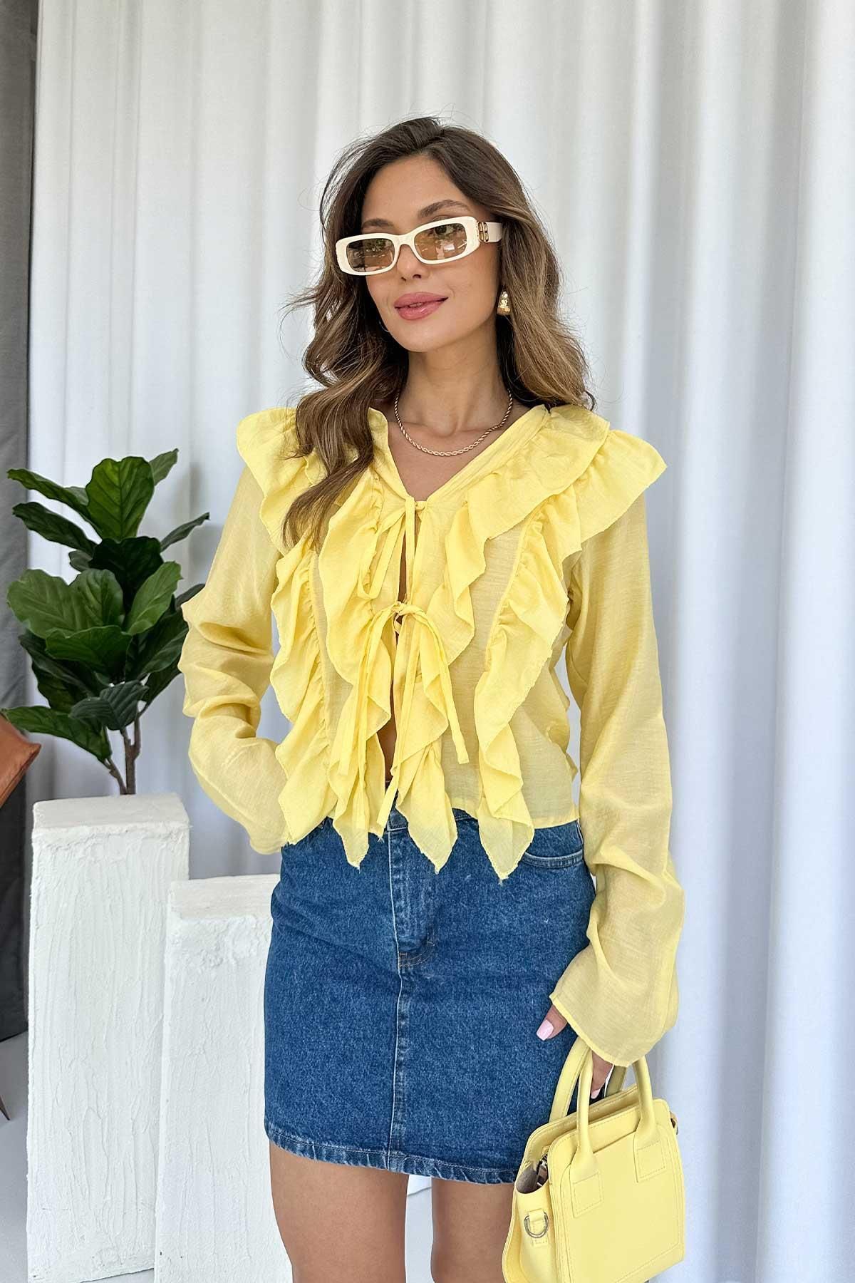 Mine Tan Butik Fırfır Detaylı Kadın Bluz - Sarı