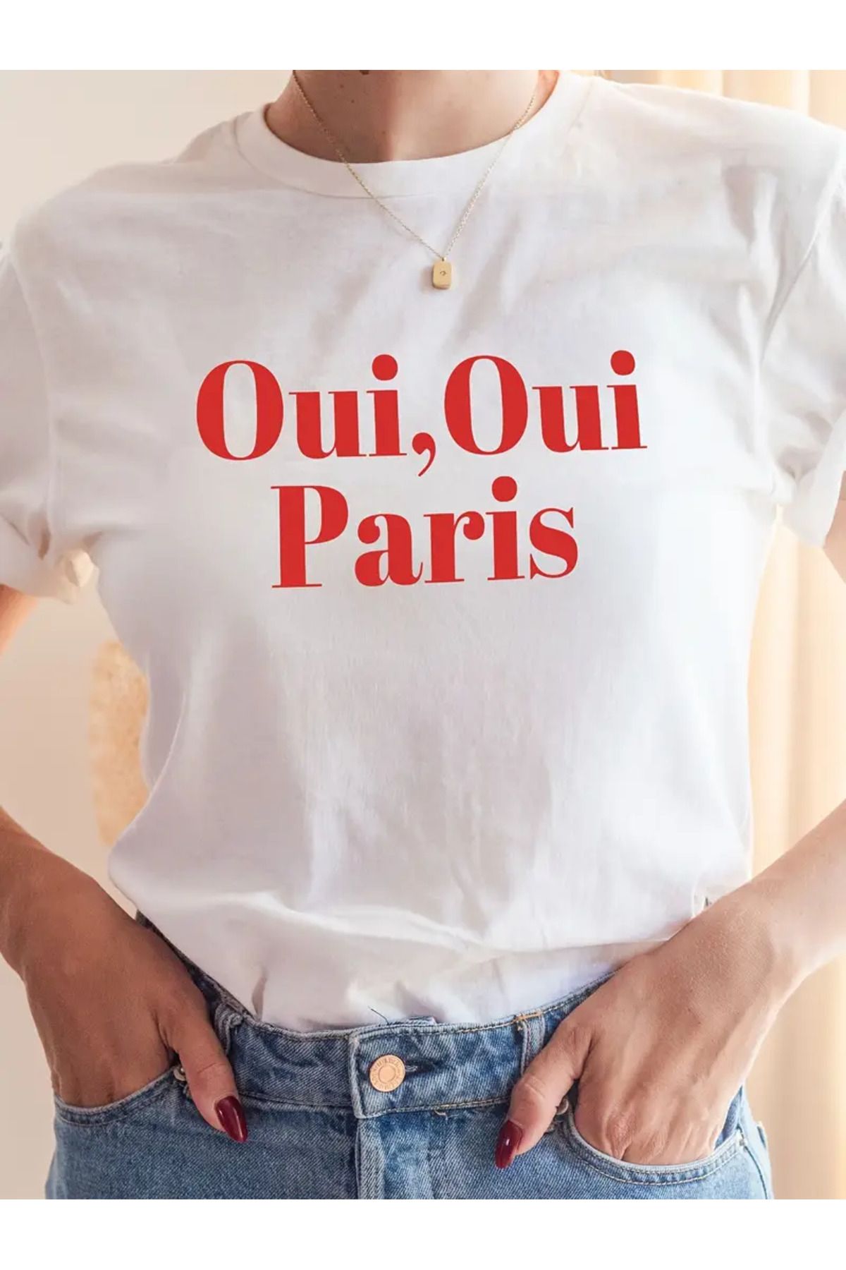 AEMİ Unisex Oui Oui Paris Basklılı Oversize Bisiklet Yaka T-shirt