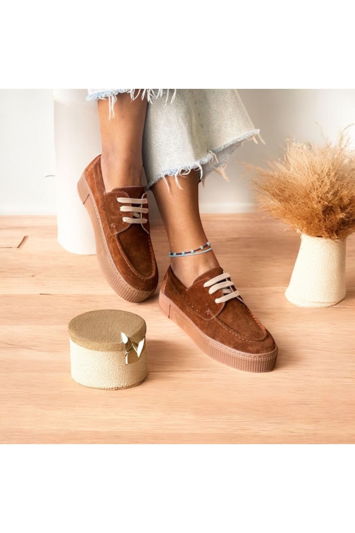 NEVE SHOES Taba Süet Hakiki Deri Kadın Günlük Rahat Bağcıklı Ayakkabı