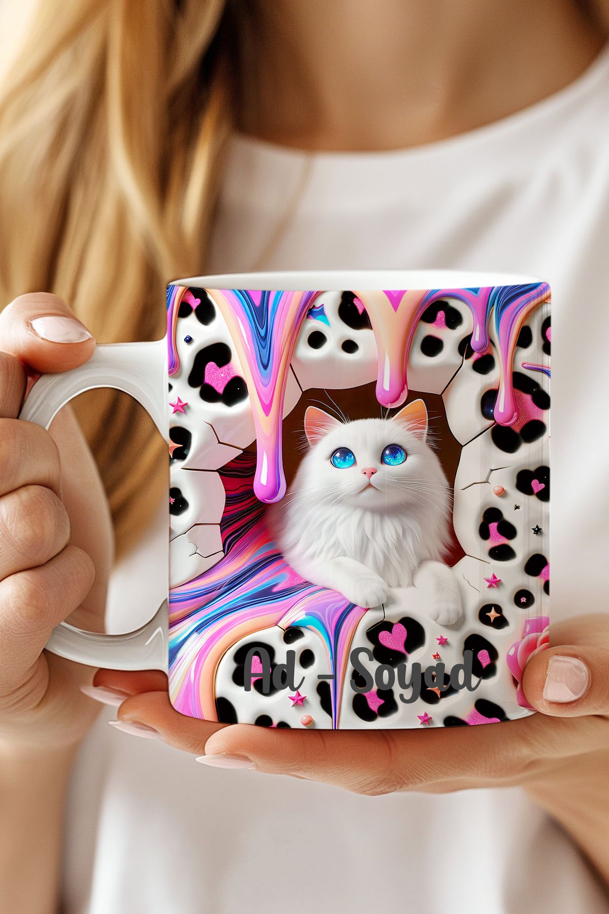 expreshediye 3D Kedi, 3D Efektli Renkli Gözlü Kedi, Hediyelik Kupa Bardak