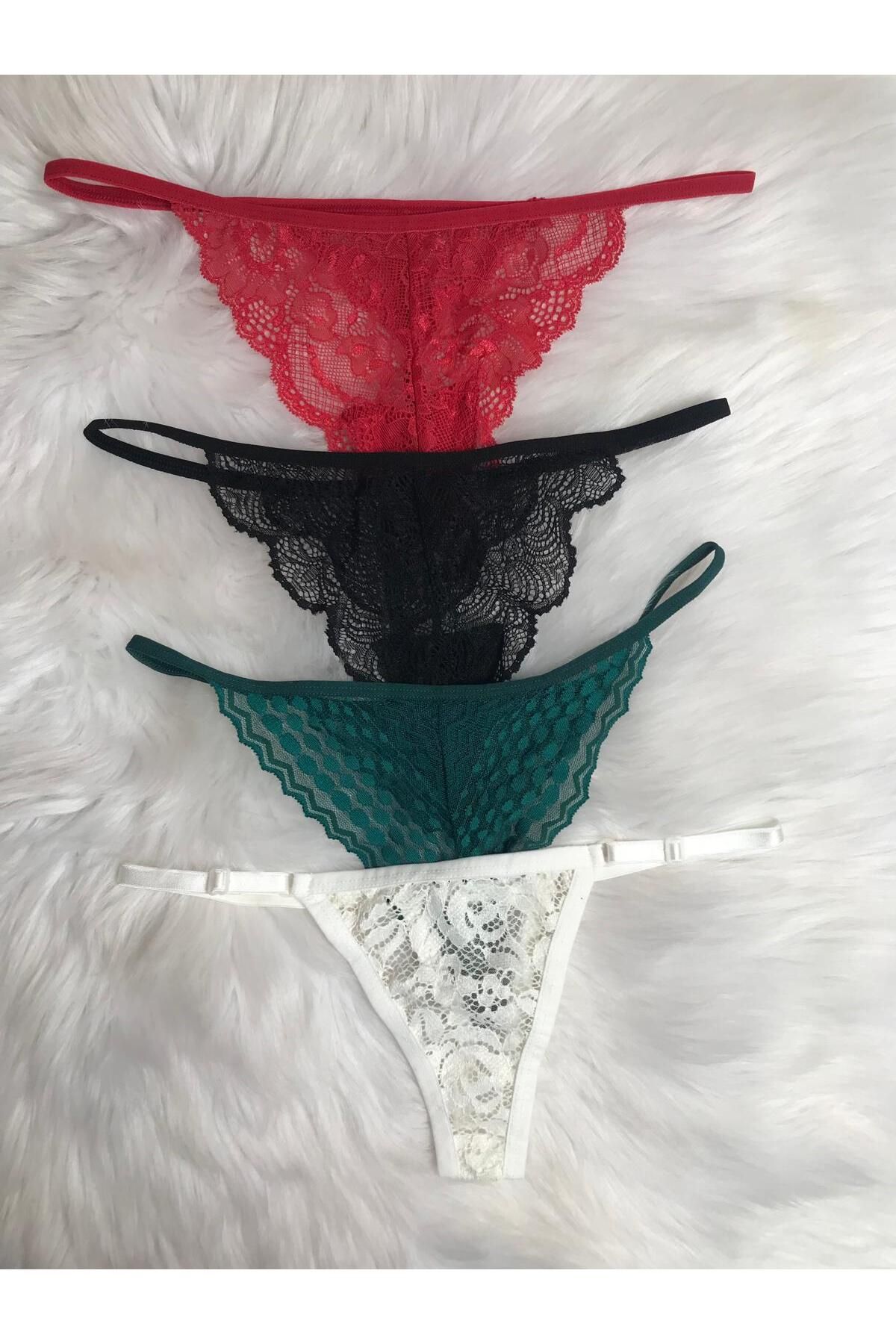 Masal Lingerie Kadın tanga külot 4lü (Kırmızı-Siyah-Yeşil-Ekru )