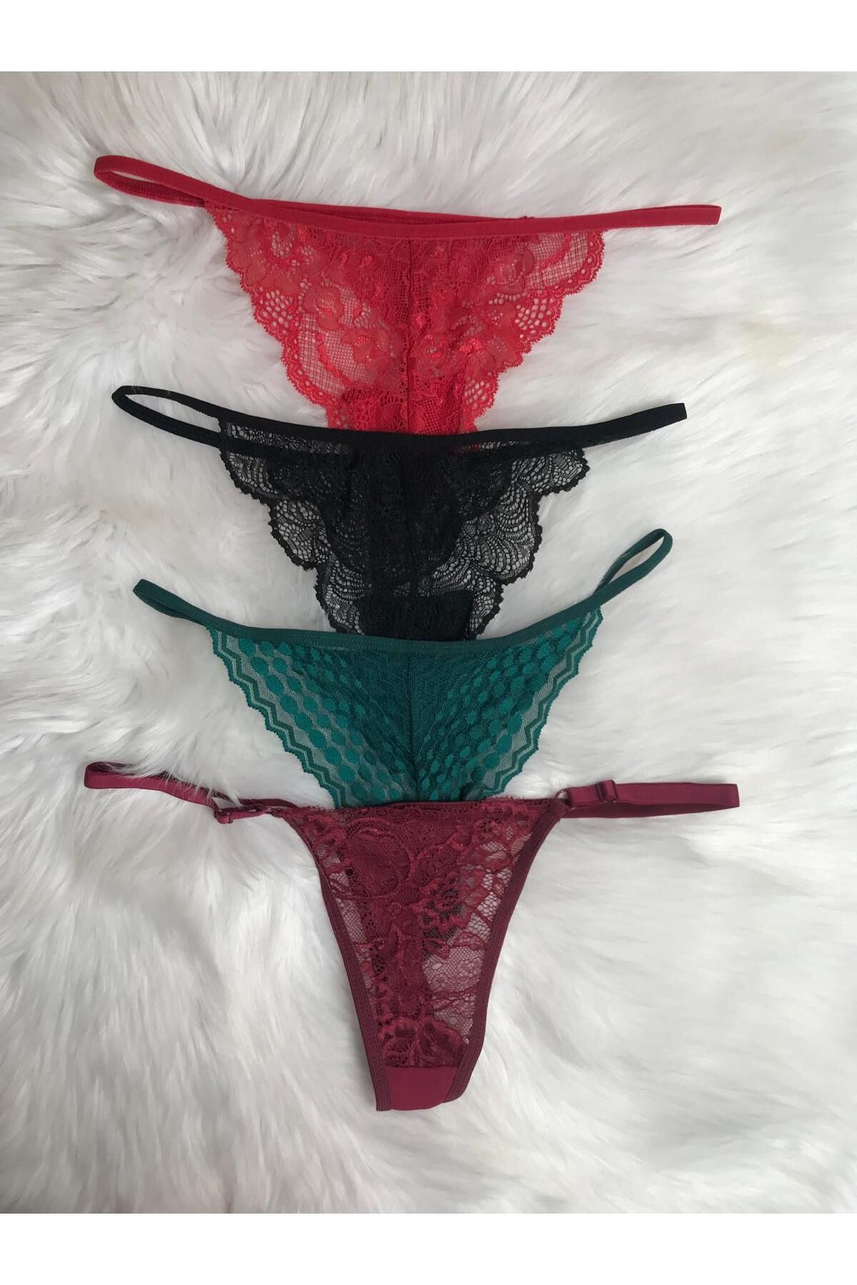 Masal Lingerie Kadın tanga külot 4lü (Kırmızı-Siyah-Yeşil-Bordo )