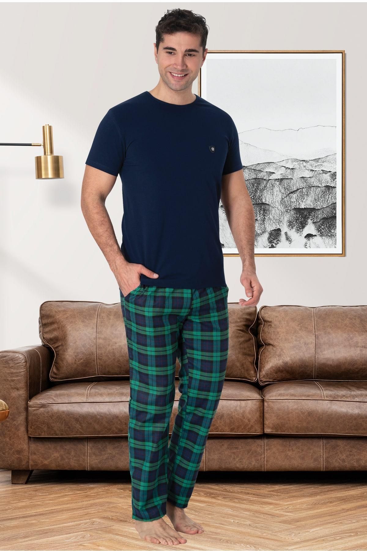 LOHOUSE Erkek Lacivert Ekoseli Kısa Kol Yazlık Büyük Beden Erkek Pijama Takım