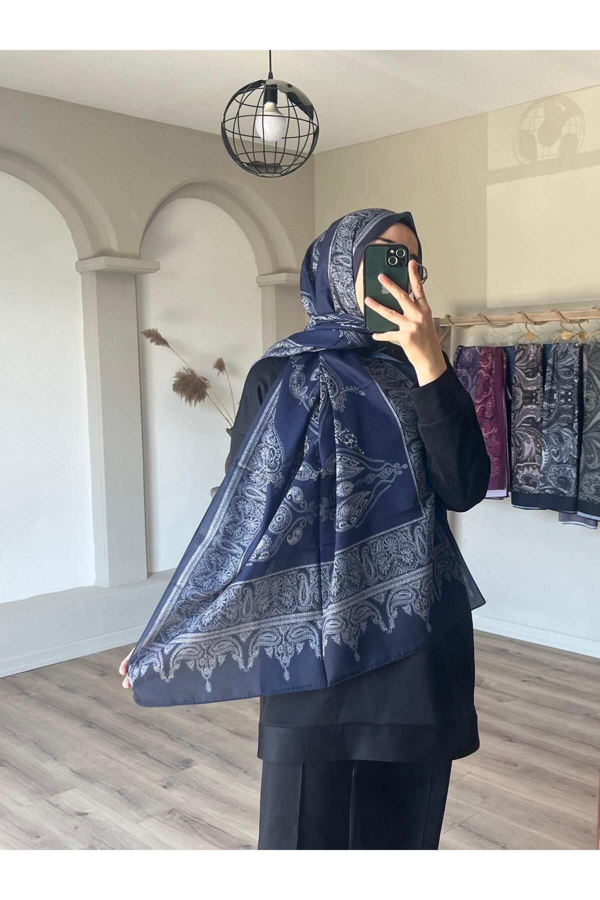 Merwiss Desenli Aronya Soft Lacivert-Bej Şal