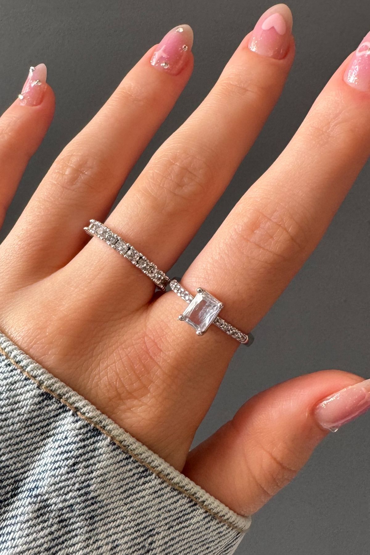 H&E DESIGN Kadın Gümüş Renk 2'li Baget Kesim Premium Ayarlanabilir Yüzük