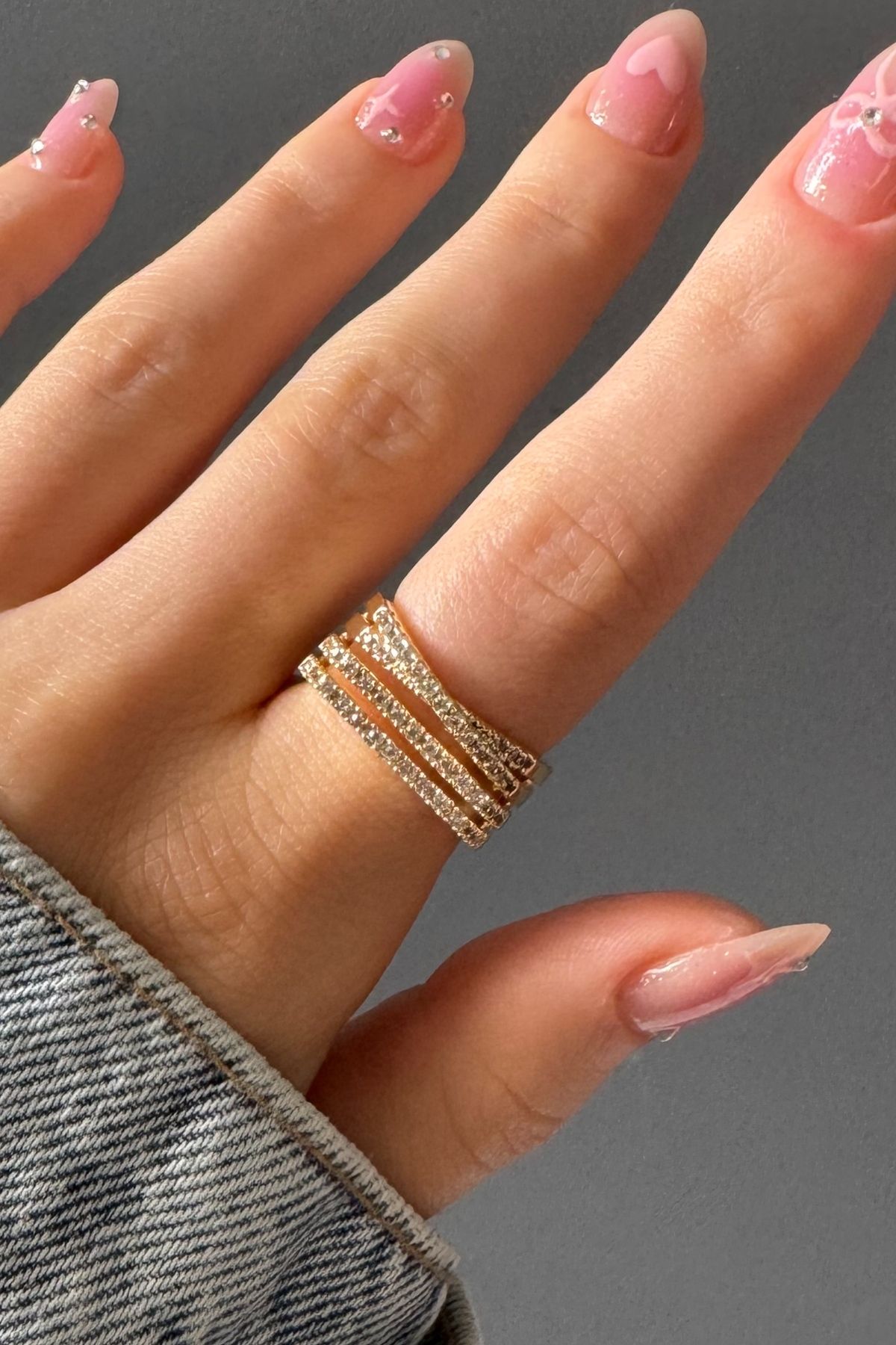 H&E DESIGN Kadın Gold Zirkon Taşlı Aurora Üç Sıra Premium Ayarlanabilir Yüzük
