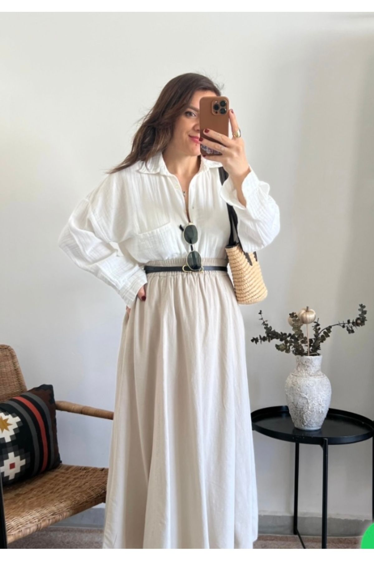 LinaModaa Kadın Organik pamuk bej uzun etek