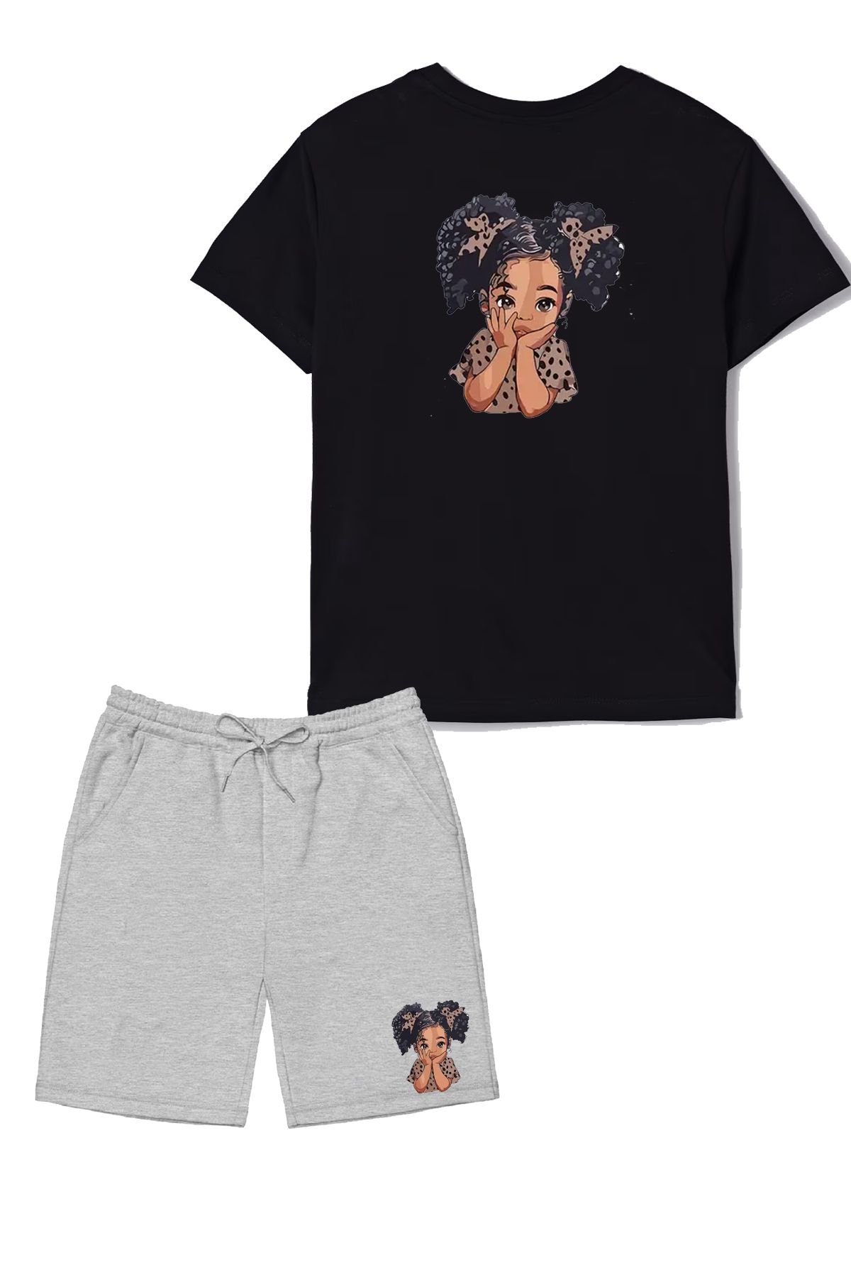 makiteks 2'li Set Baskılı Kız Çocuk Pamuk Şort Tshirt Takım Girl 5 6 7 8 9 10 11 12 13 14 yaş Tişört