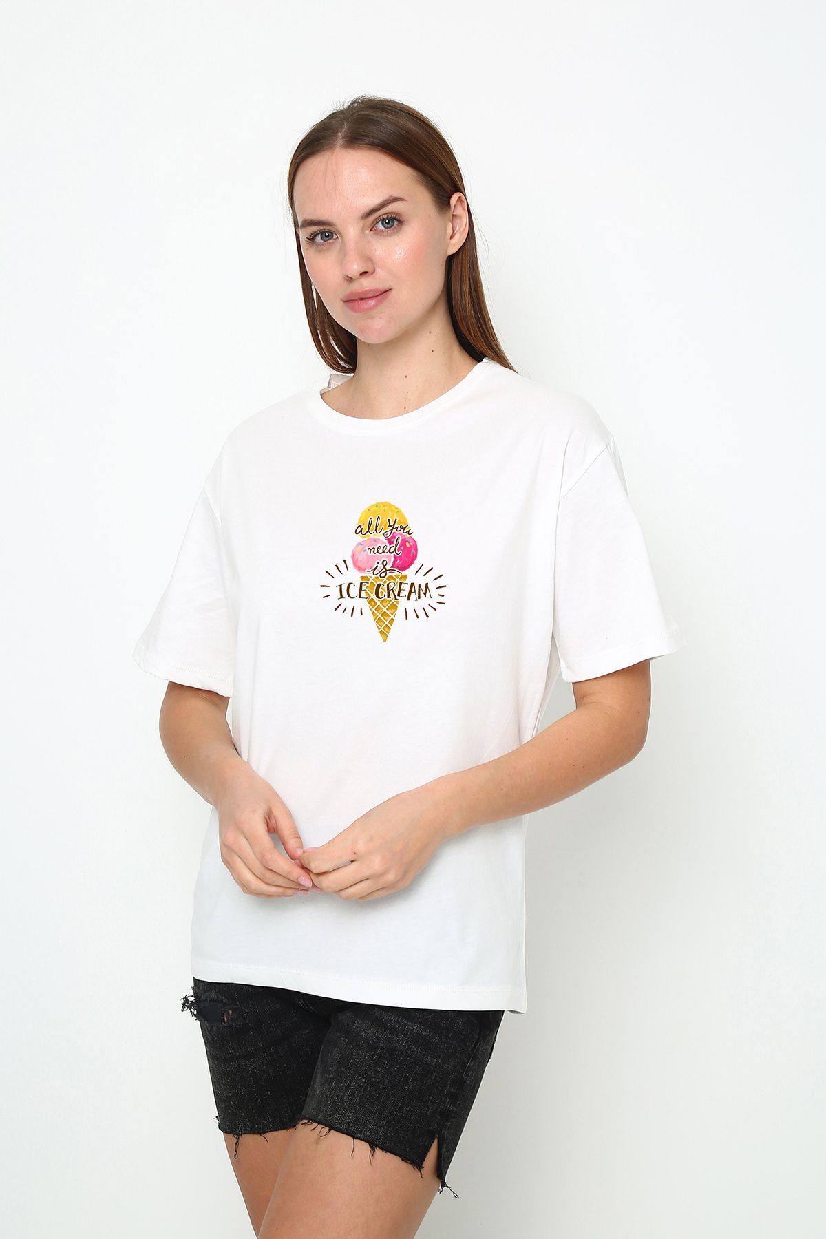 vikitekno oversize renkli ice cream baskılı kadın t-shirt