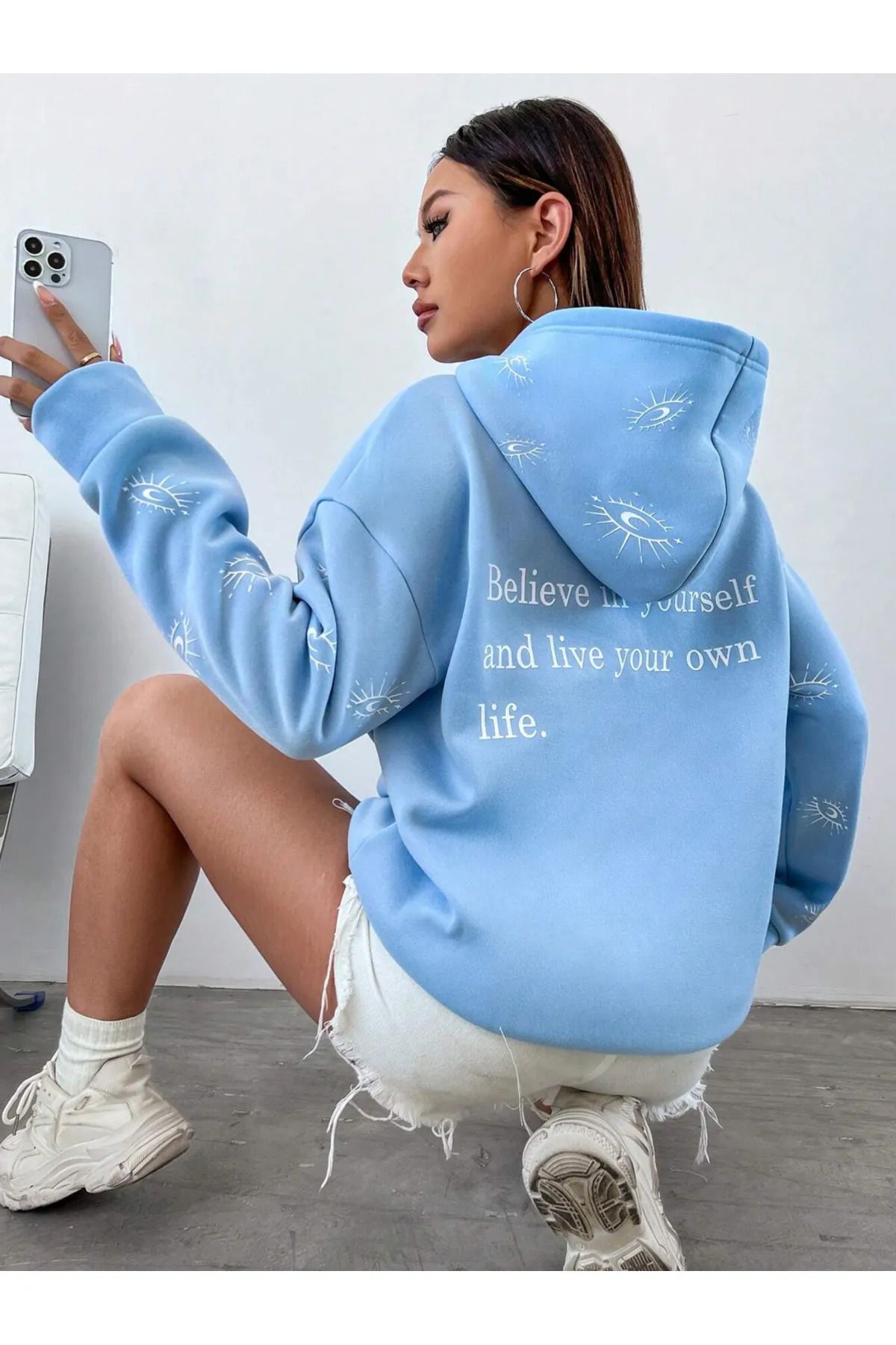MARECASH 3 İplik Kapüşonlu Göz Baskılı Sweatshirt Unisex Oversize Kalın Kışlık %100 Pamuk