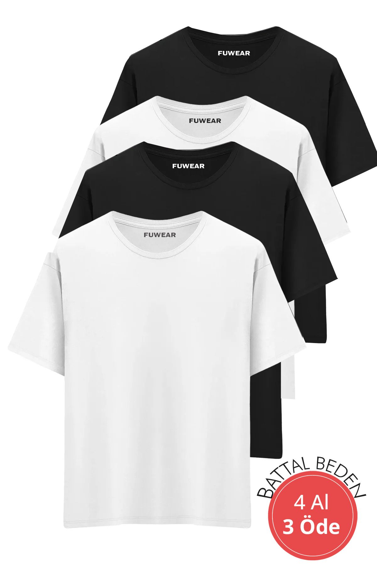 FUWEAR Büyük Battal Beden Premium Kalite Pamuklu T-shirt 4 Adet - 2 Siyah, 2 Beyaz