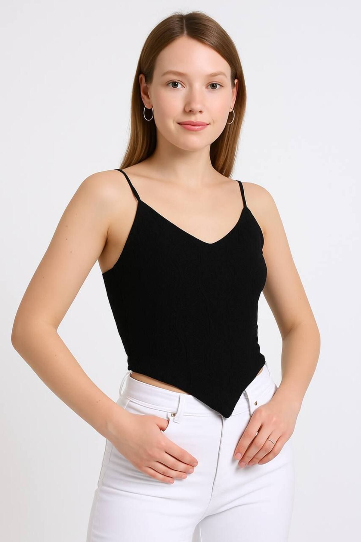 Baya Butik Dantelli Askılı Crop Bluz
