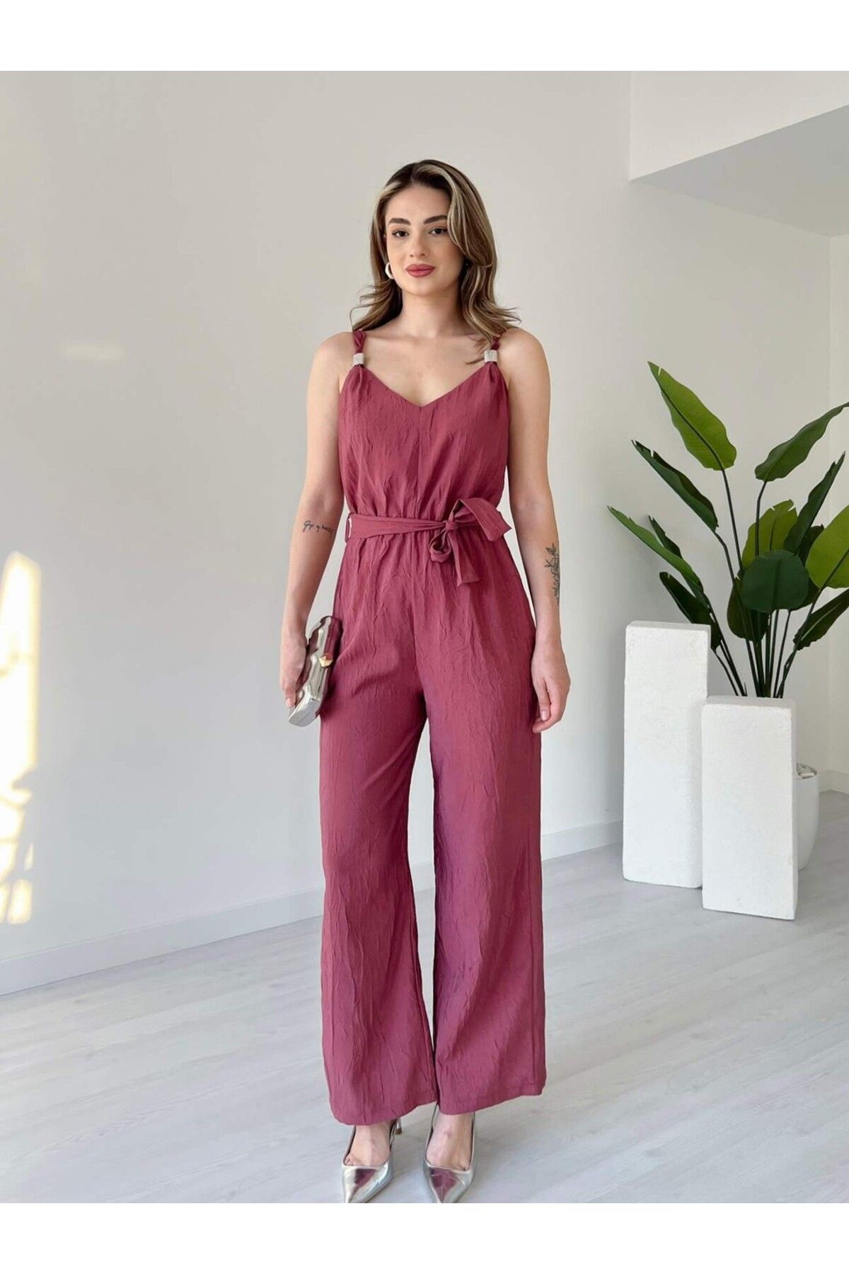 tiamoda Kırışık Kumaş Askılı Tulum
