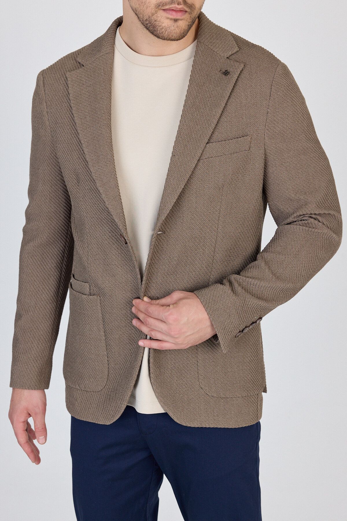 Frappoli-Sandeo Men's Dark Mink Unlined Soft Diagonal Patterned Stretch Fabric Lycra Sports Blazer Jacket 3
