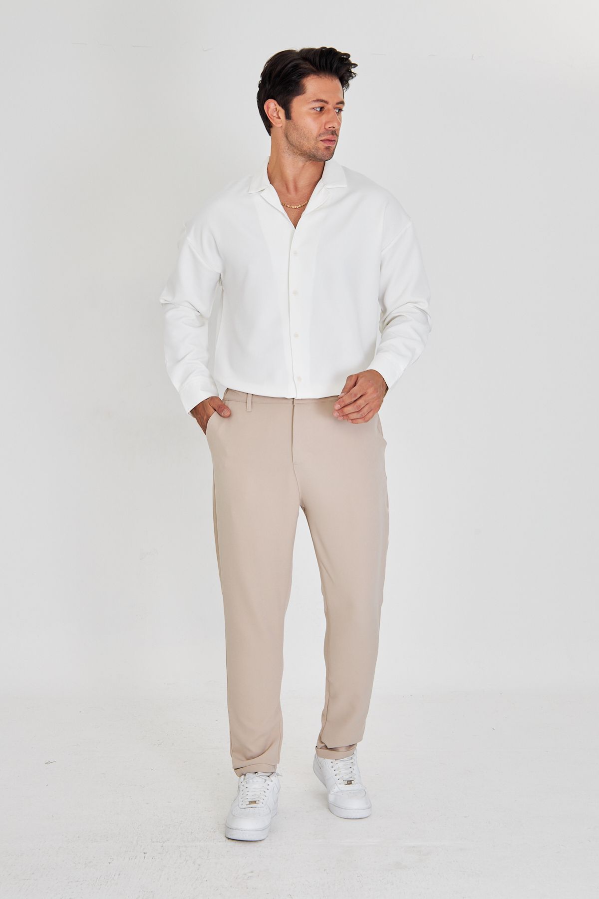 masso moda Erkek Bel Yarım Lastikli Kemerli Double Paça Dabıl Face Kumaş Slim Fit Pantolon
