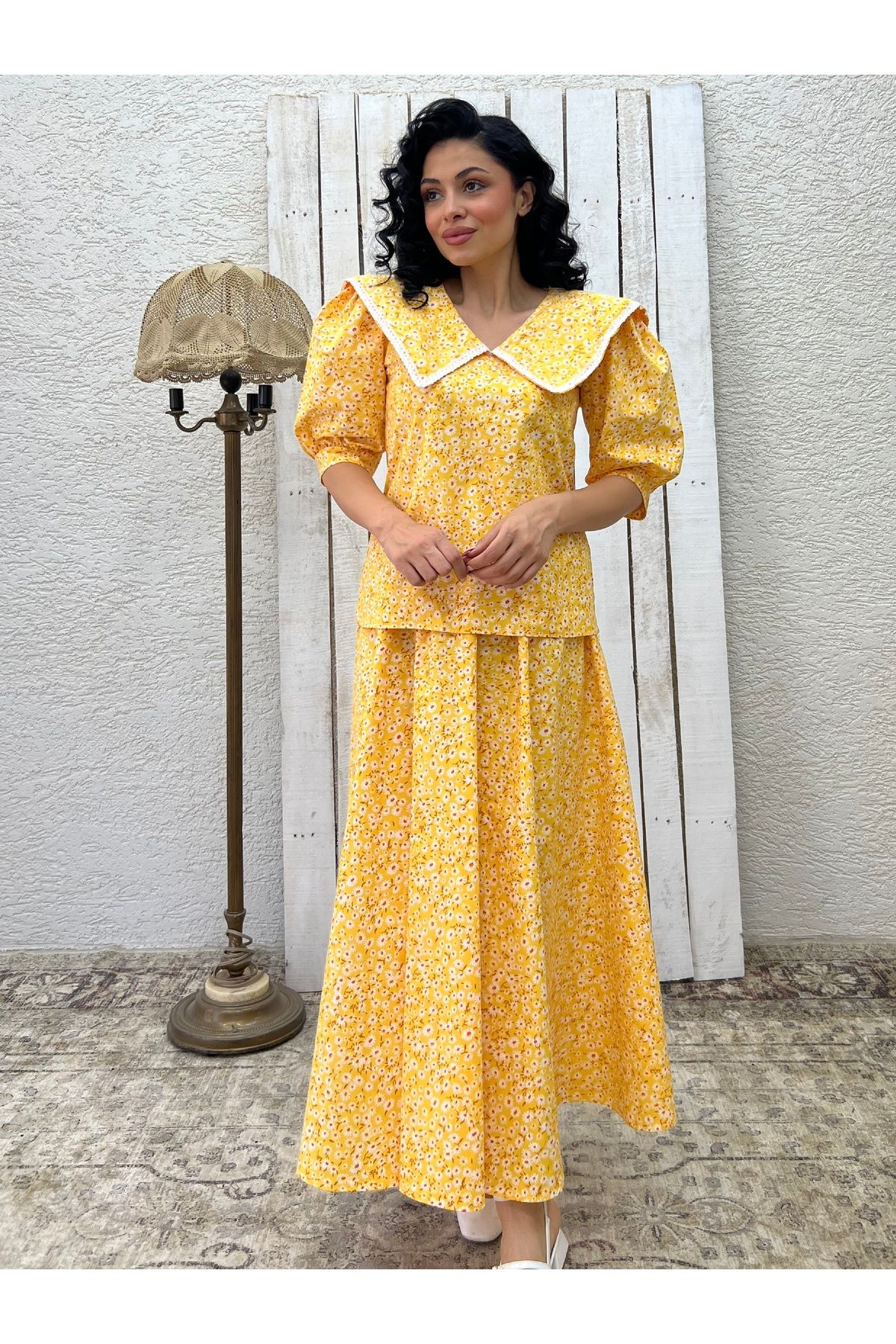 KÜÇÜĞÜM BUTİK Sarı Papatya Büyük Yakalı Vintage Bluz