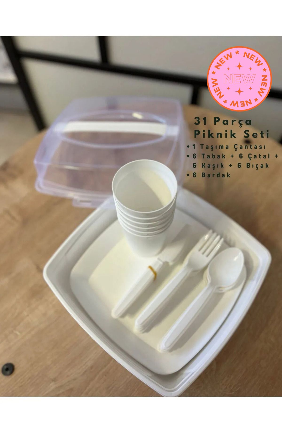 WWSHOP Mars Plastik 32 Parça Piknik Seti -- Kaşık-Çatal-Bardak-Tabak -- Krem