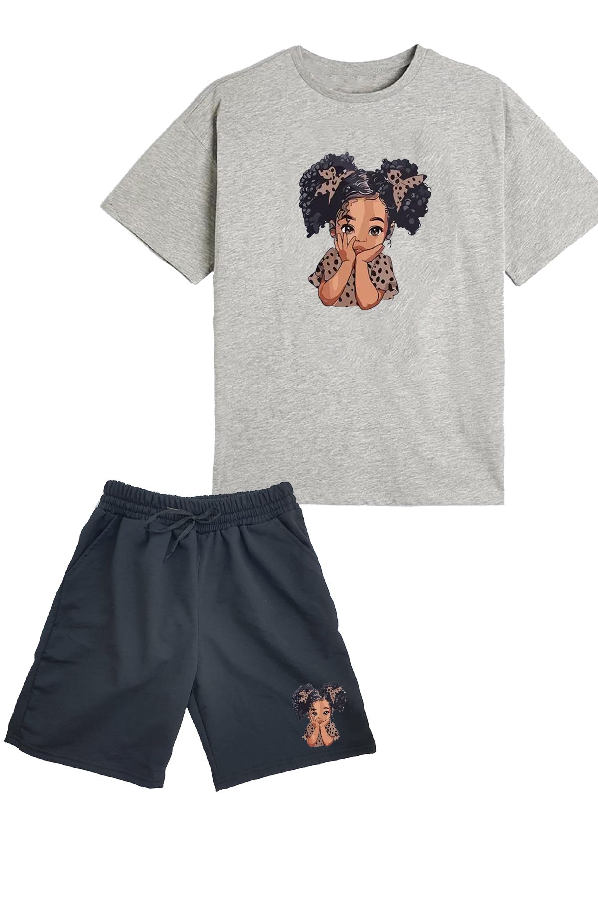 makiteks 2'li Set Baskılı Kız Çocuk Pamuk Şort Tshirt Takım Girl 5 6 7 8 9 10 11 12 13 14 yaş Tişört