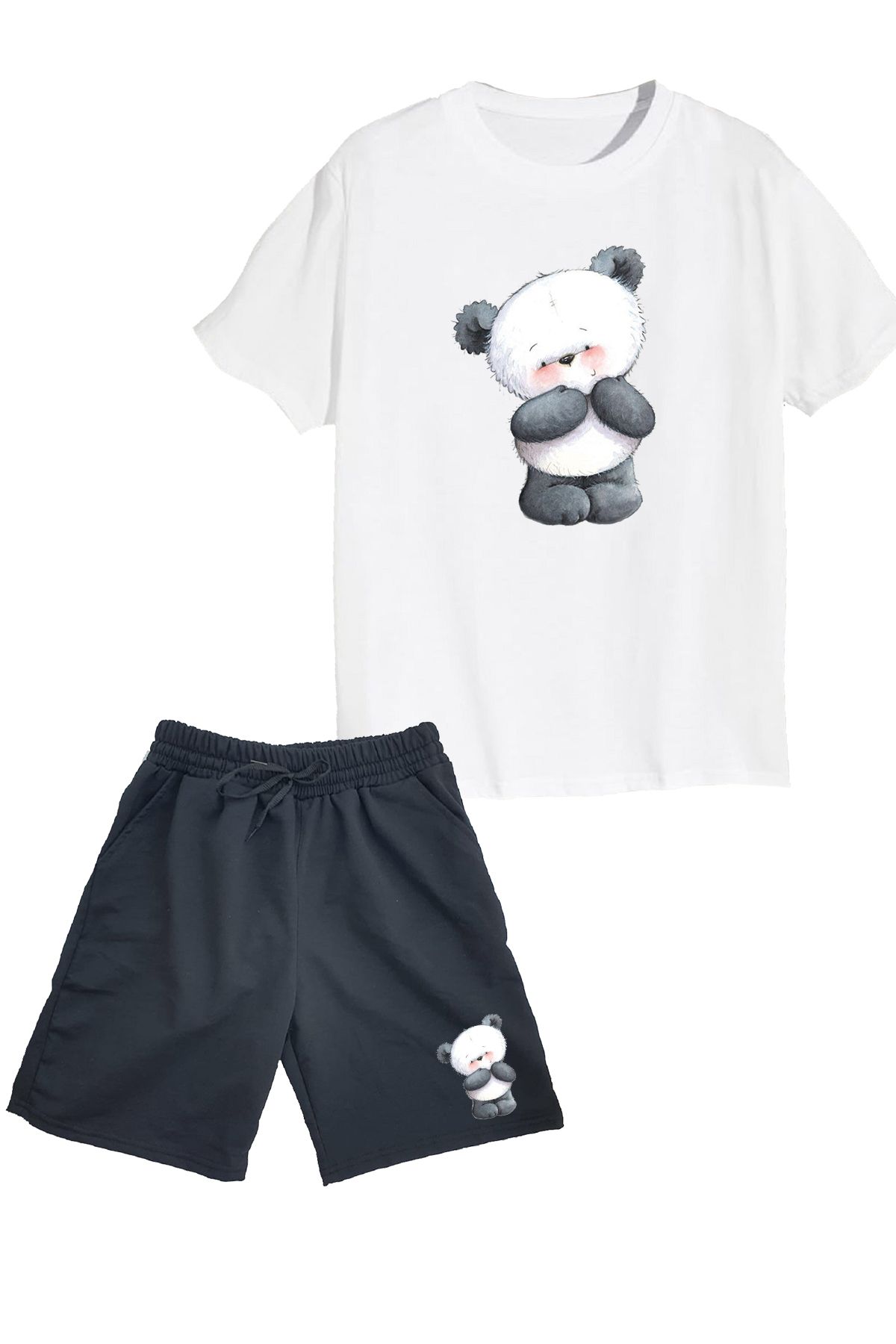 makiteks 2'li Set Baskılı Kız Çocuk Pamuk Şort Tshirt Takım Panda 5 6 7 8 9 10 11 12 13 14 yaş Tişört