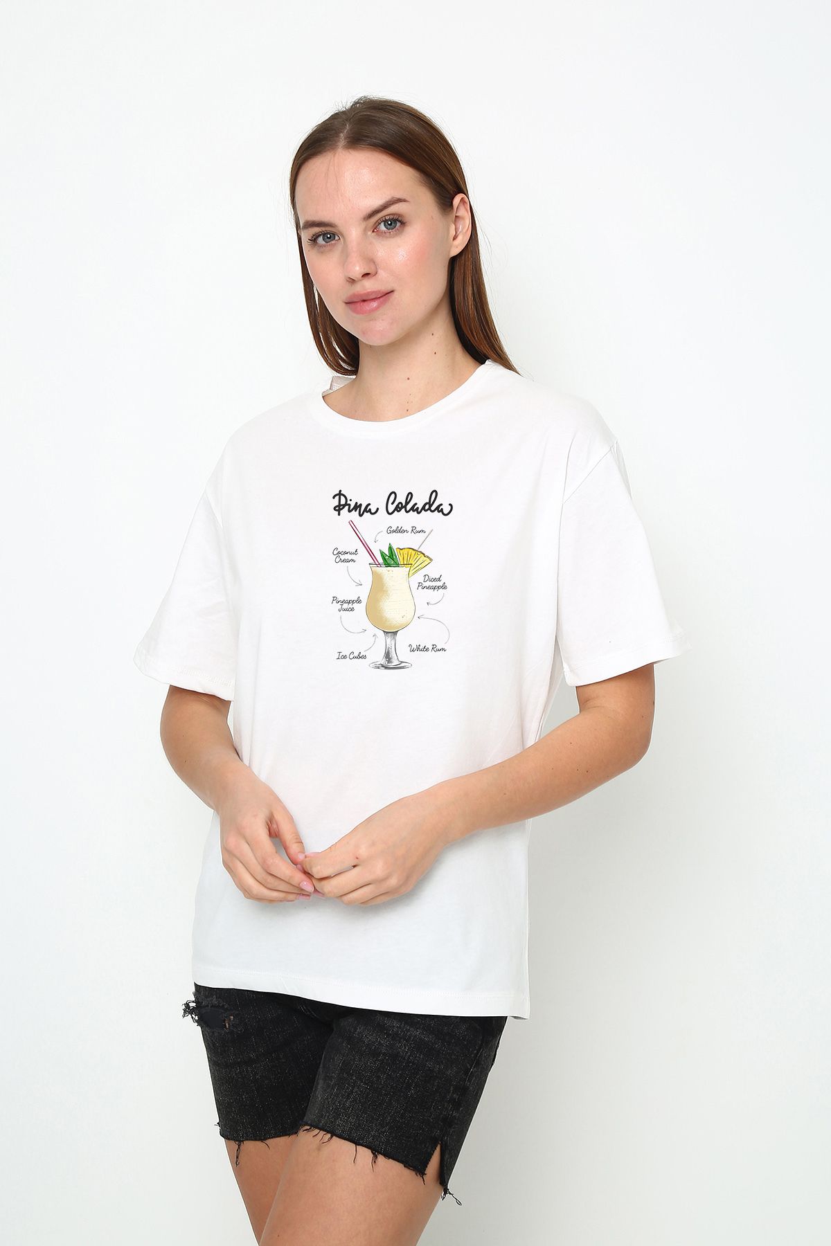 vikitekno oversize kokteyl bardağı baskılı kadın t-shirt