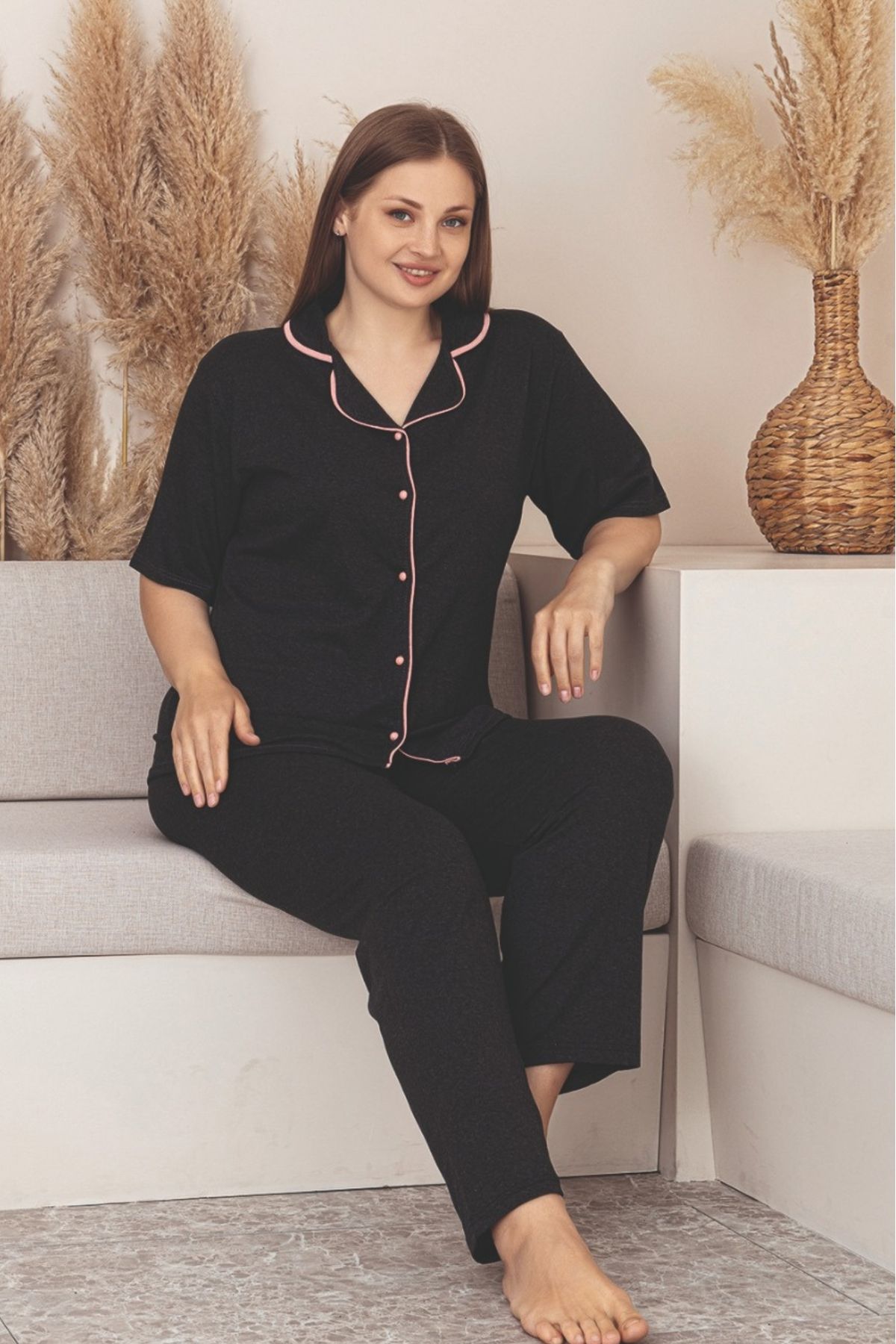 Farya Home Büyük Beden Pamuklu Biyeli Düğmeli Kısa Kollu Gömlek Pijama Takımı