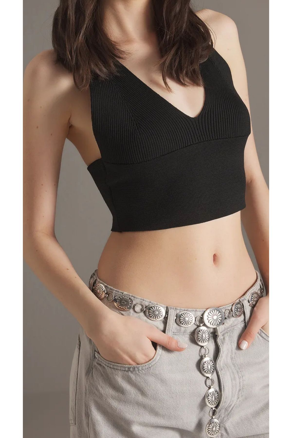Noi Belis Siyah Crop Sırt Detaylı Ince Yazlık Bluz Ss25bz0009