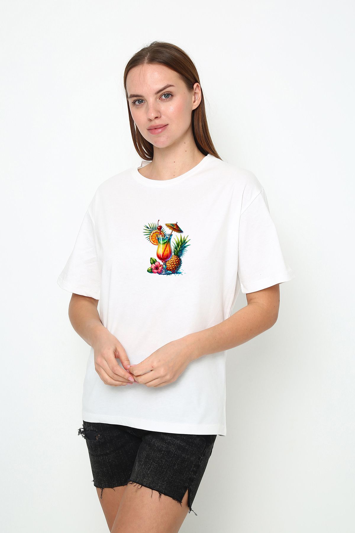 vikitekno oversize tropik kokteyl baskılı kadın t-shirt