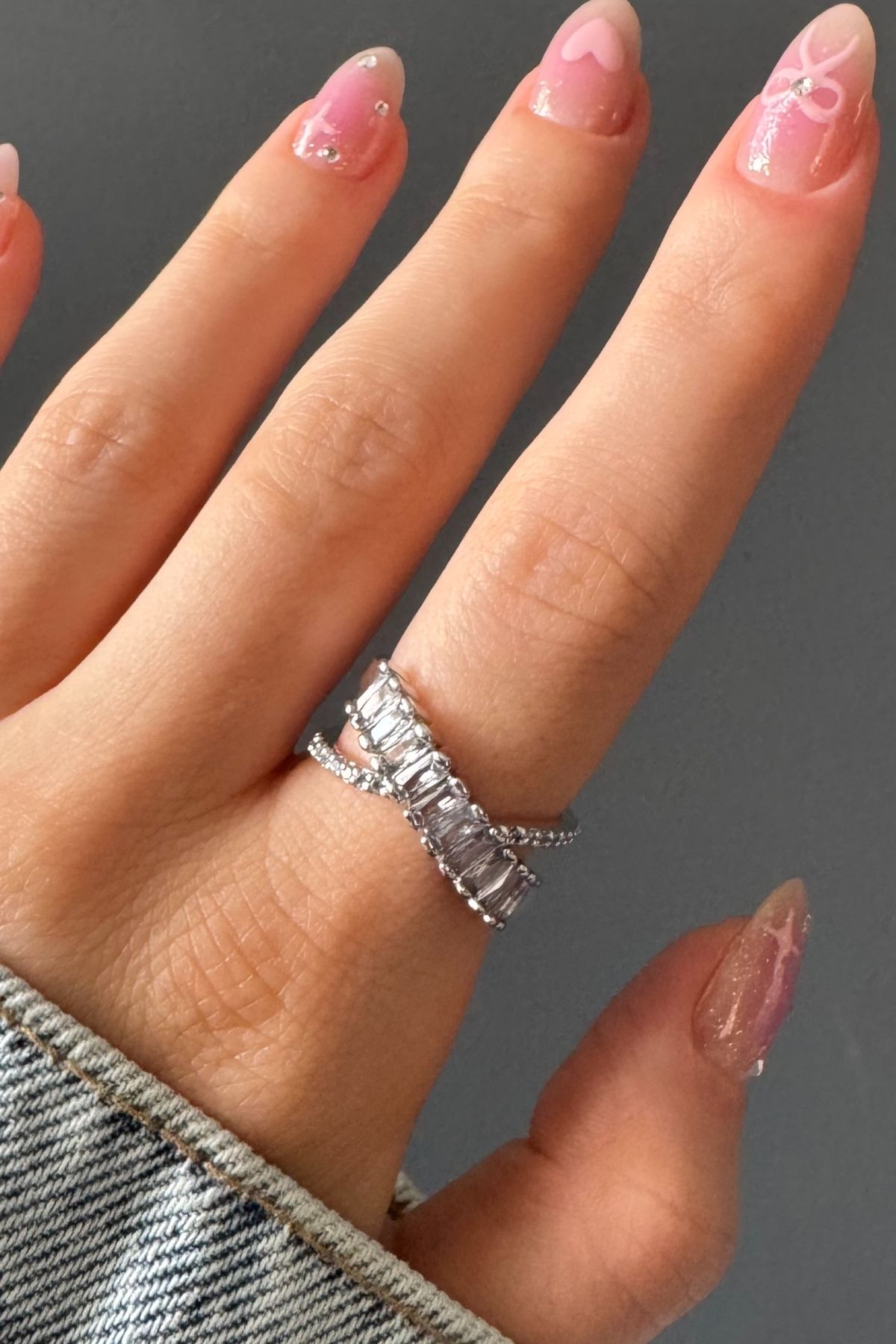 H&E DESIGN Kadın Gümüş Renk Çift Sıra Zirkon Taşlı Premium Ayarlanabilir Yüzük