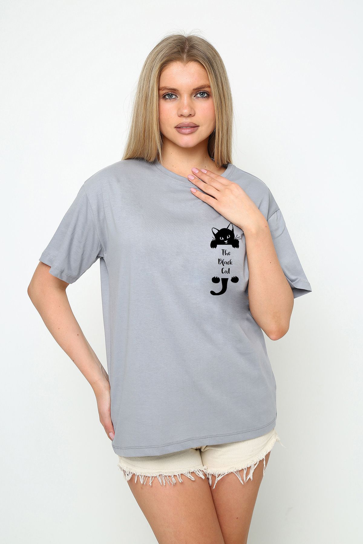 vikitekno oversize siyah kedi baskılı kadın t-shirt
