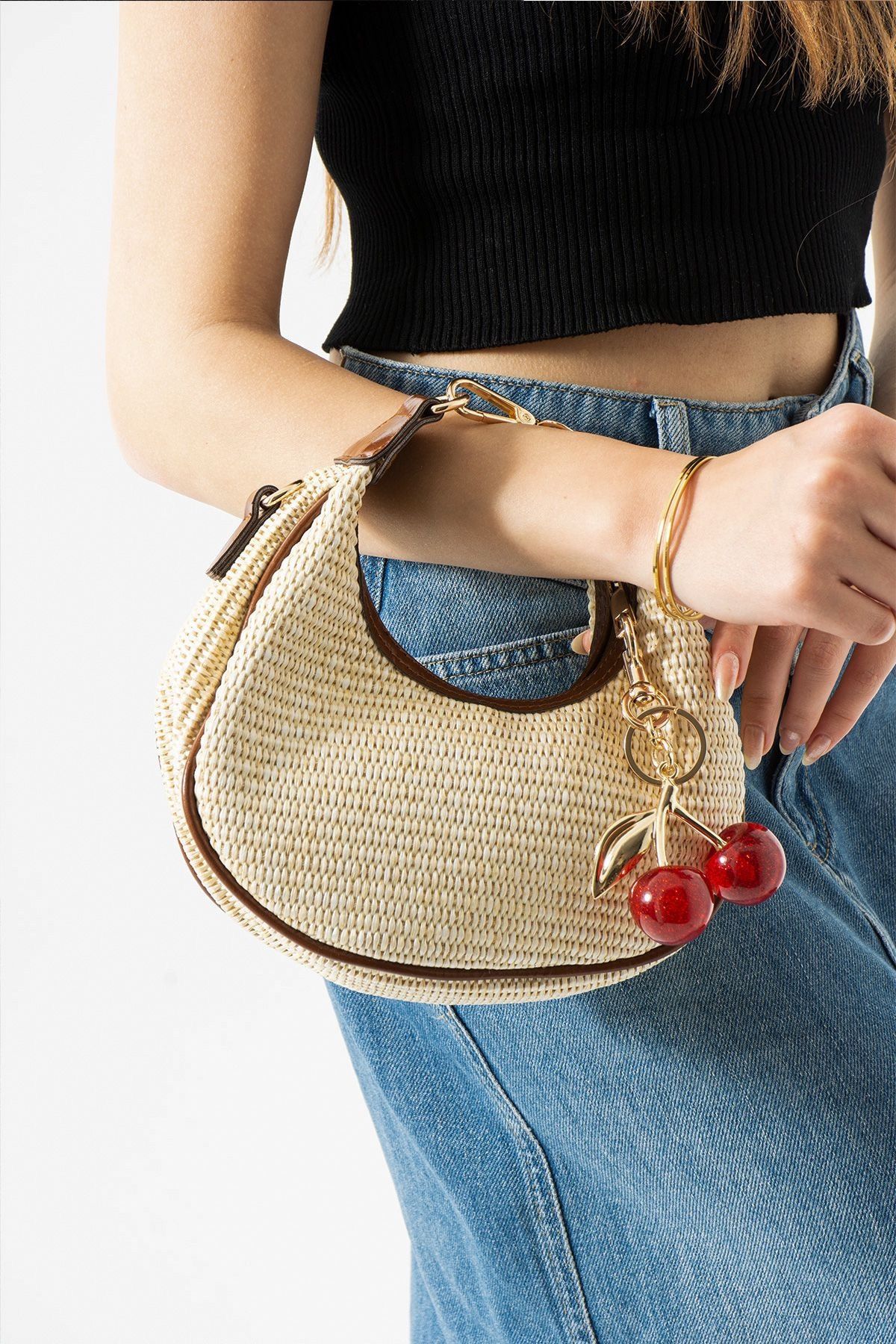 mèche atelier since 2024 Perry Model Hasır Kadın El ve Omuz Çantası Charm Hediyeli Acı Kahve