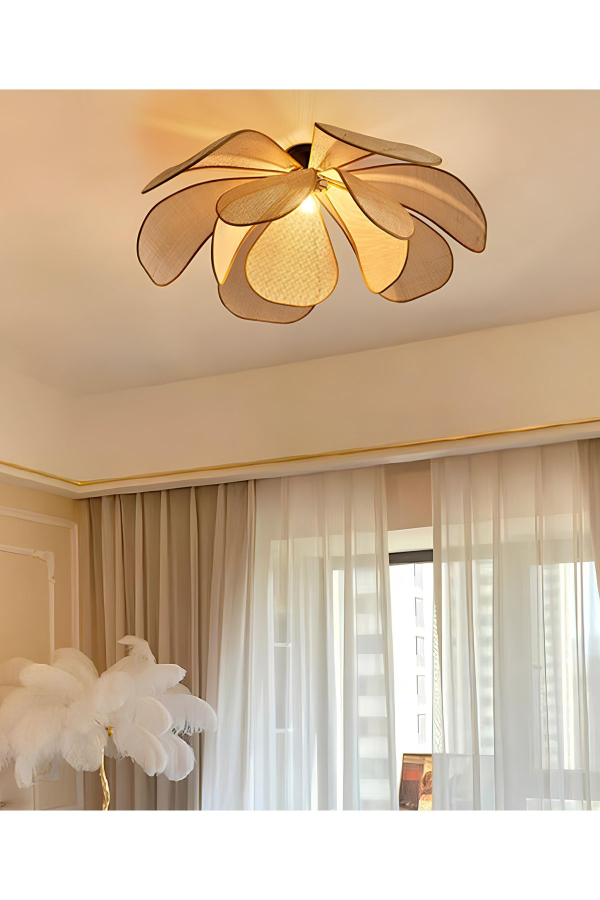 burenze Modern İskandinav Tasarım Bohem Rose Çiçek Tavan Avize Hazeran Hasır Rattan Salon Avizesi