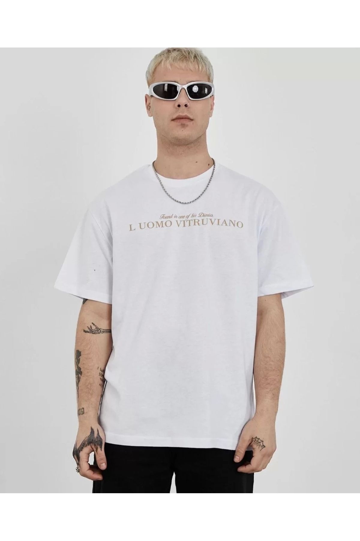 Robahood Unisex Bisiklet Yaka Baskılı Oversize T-Shirt - Beyaz
