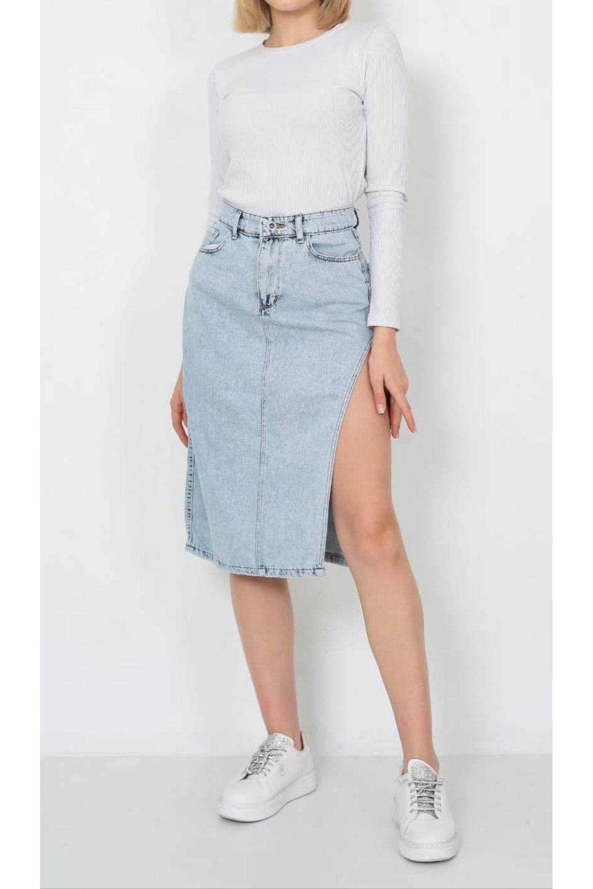 DENOKMODA Trend Mavi Yan Yırtmaçlı Kot Denim Etek