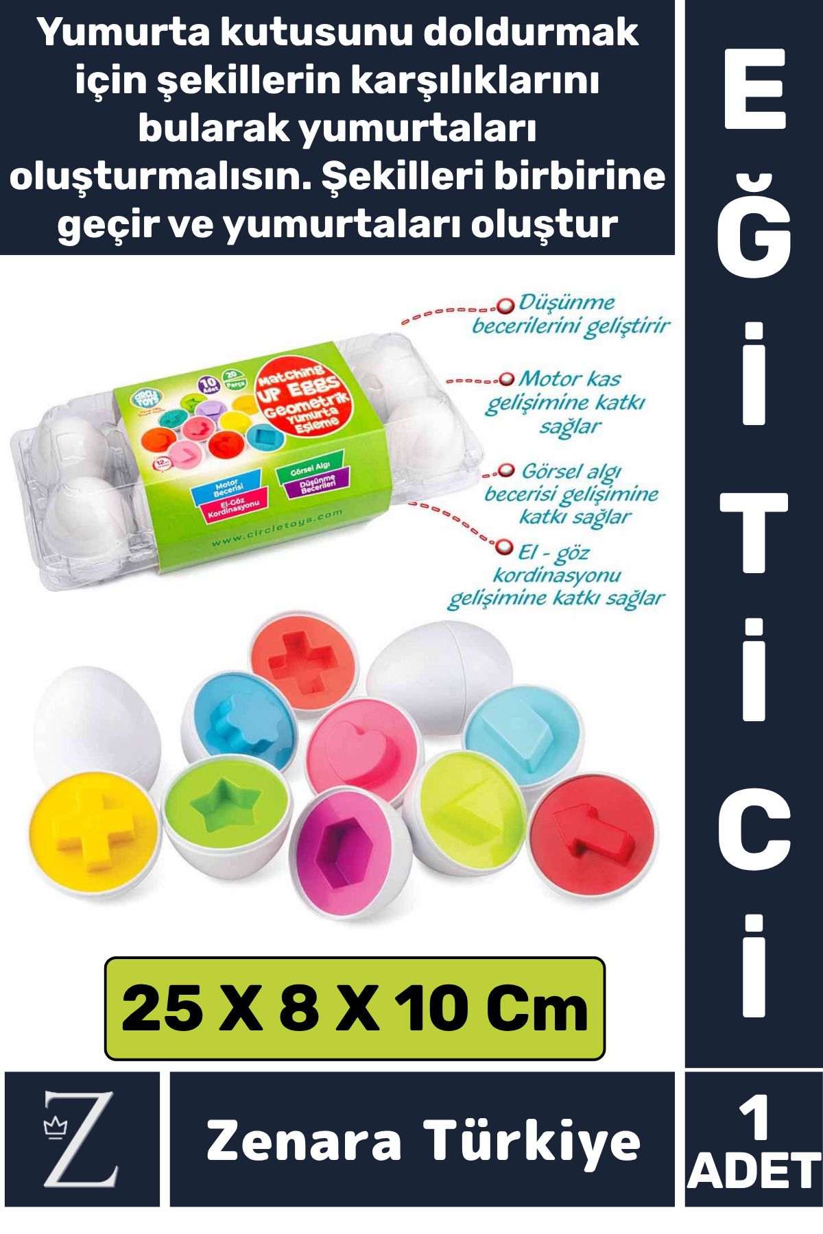Zenara Çocuk Eğitici Düşünme Görsel Algı Eşleştirme Becerisi Geometrik Şekiller YUMURTA EŞLEME Oyunu 10'lu