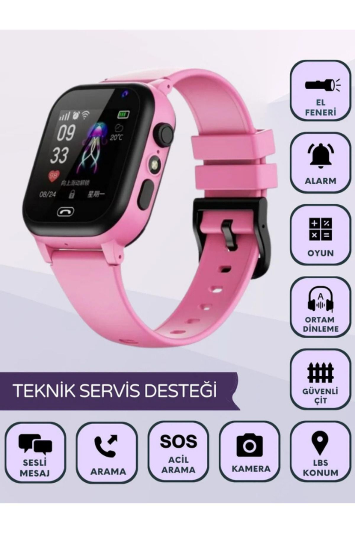 Sim Kartlı Akıllı Çocuk Saati Sos Kamera Konum Takip Ortam Dinleme Ders Modlu Mor Çocuk Akıllı Saat