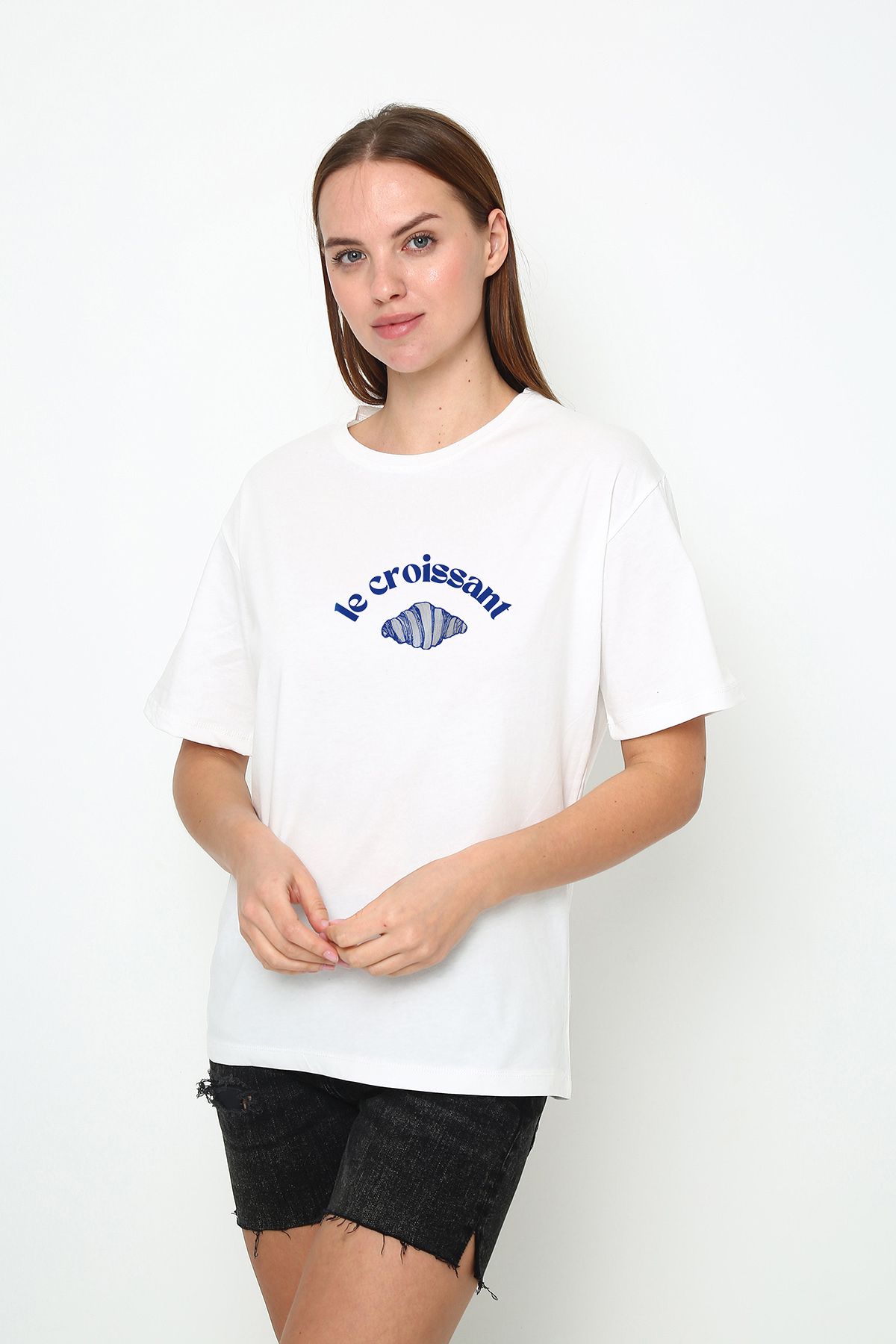 vikitekno oversize kruvasan baskılı kadın t-shirt