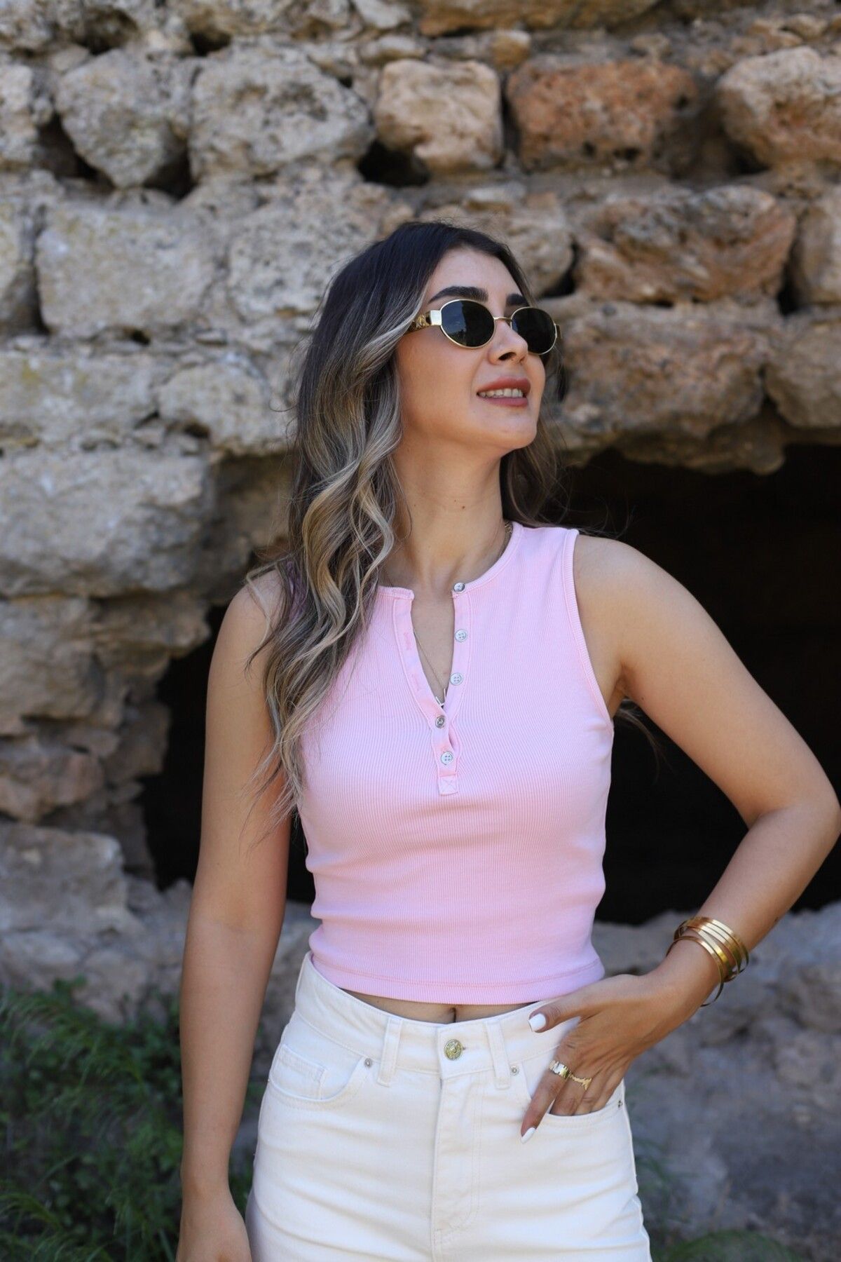 bytugcekaya Pembe Düğmeli Yıkama Efektli Crop