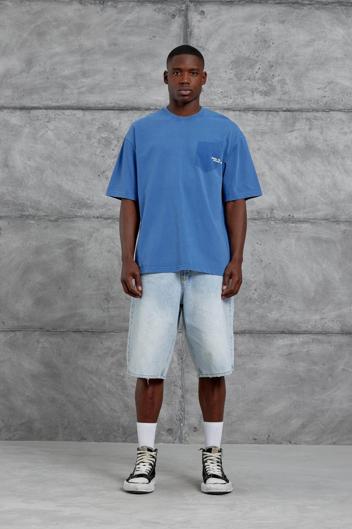 NOMARC Mavi Born To Stand Out Yazılı Yıkamalı Oversize Tshirt