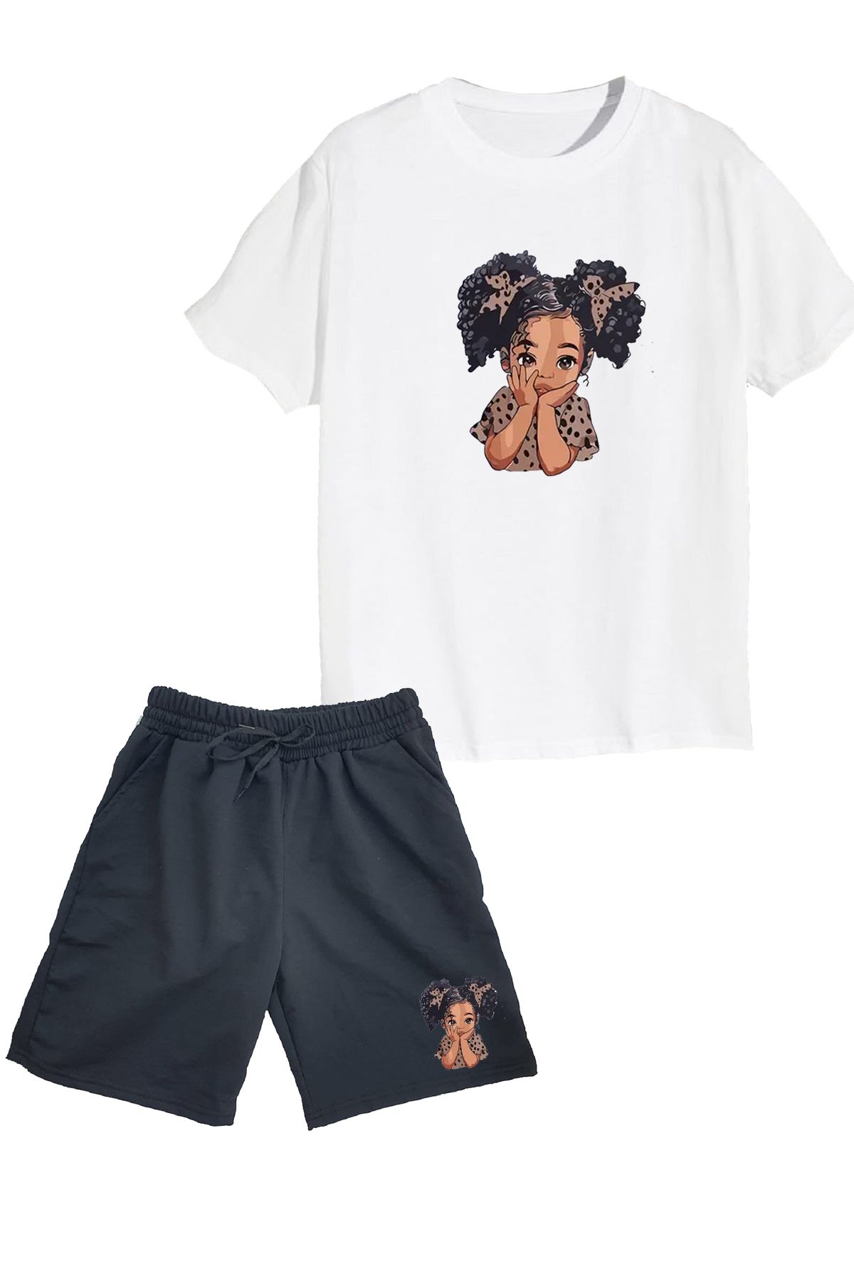 makiteks 2'li Set Baskılı Kız Çocuk Pamuk Şort Tshirt Takım Girl 5 6 7 8 9 10 11 12 13 14 yaş Tişört