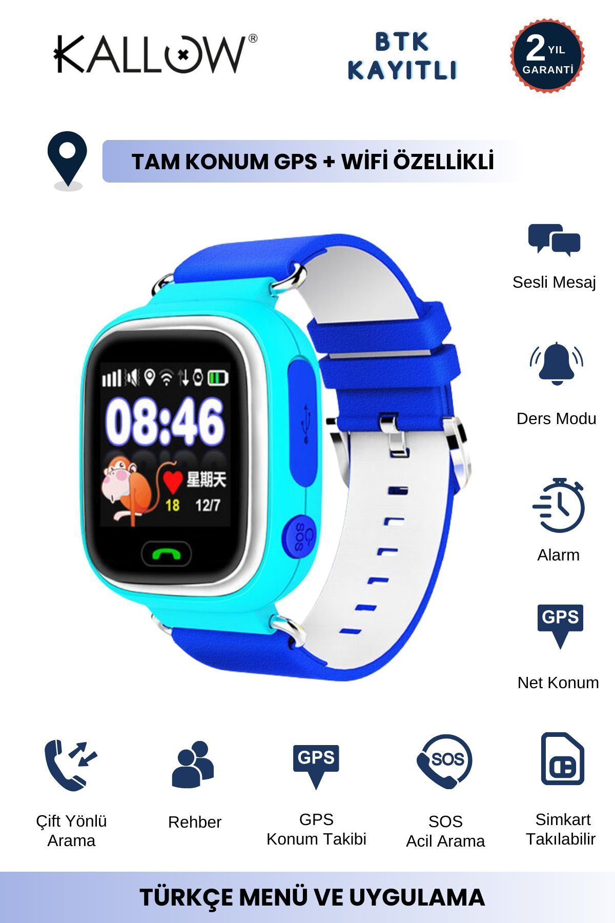 K90 Gps Tam Konumlu Sim Kart Girişli Akıllı Çocuk Takip Saati Mavi Uzaktan Dinlemeli Türkçe Menü