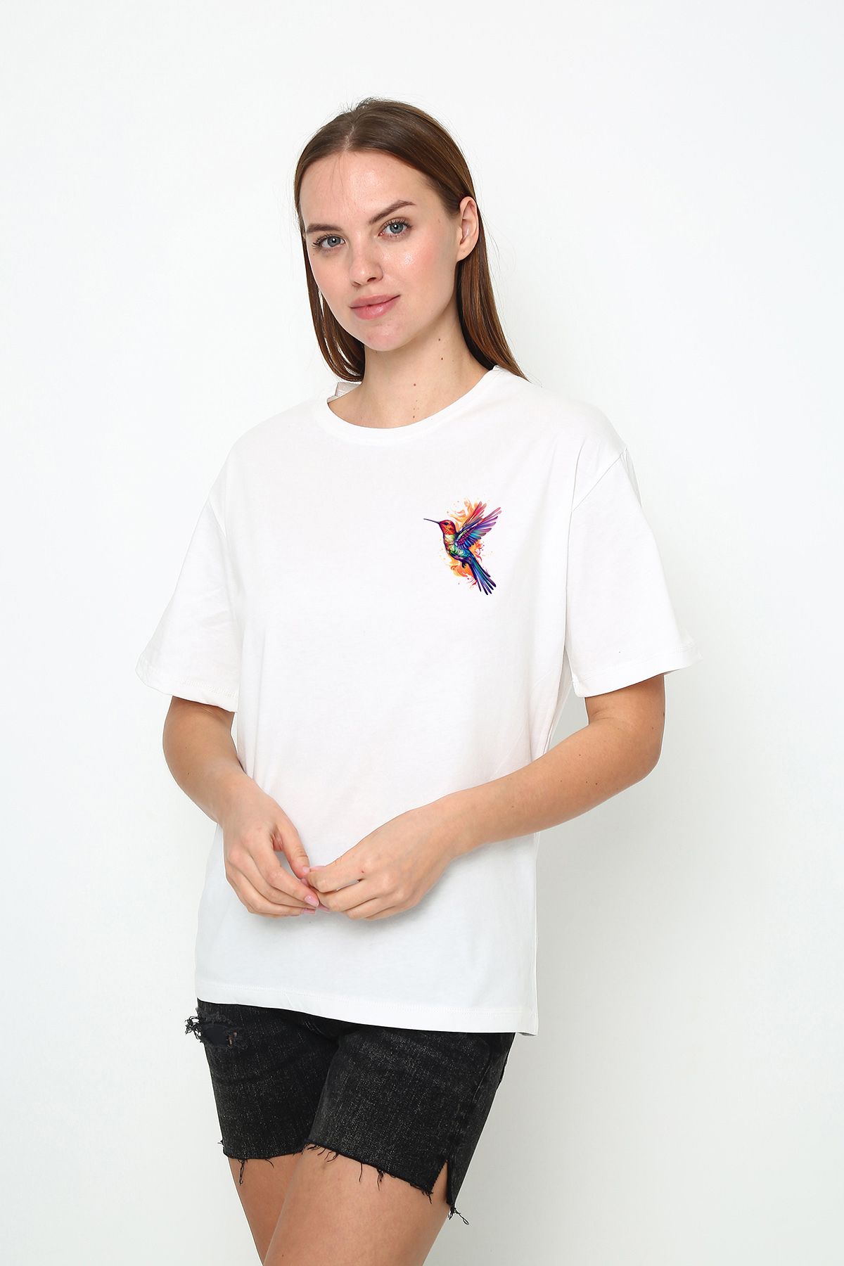 vikitekno oversize renkli kuş baskılı kadın t-shirt
