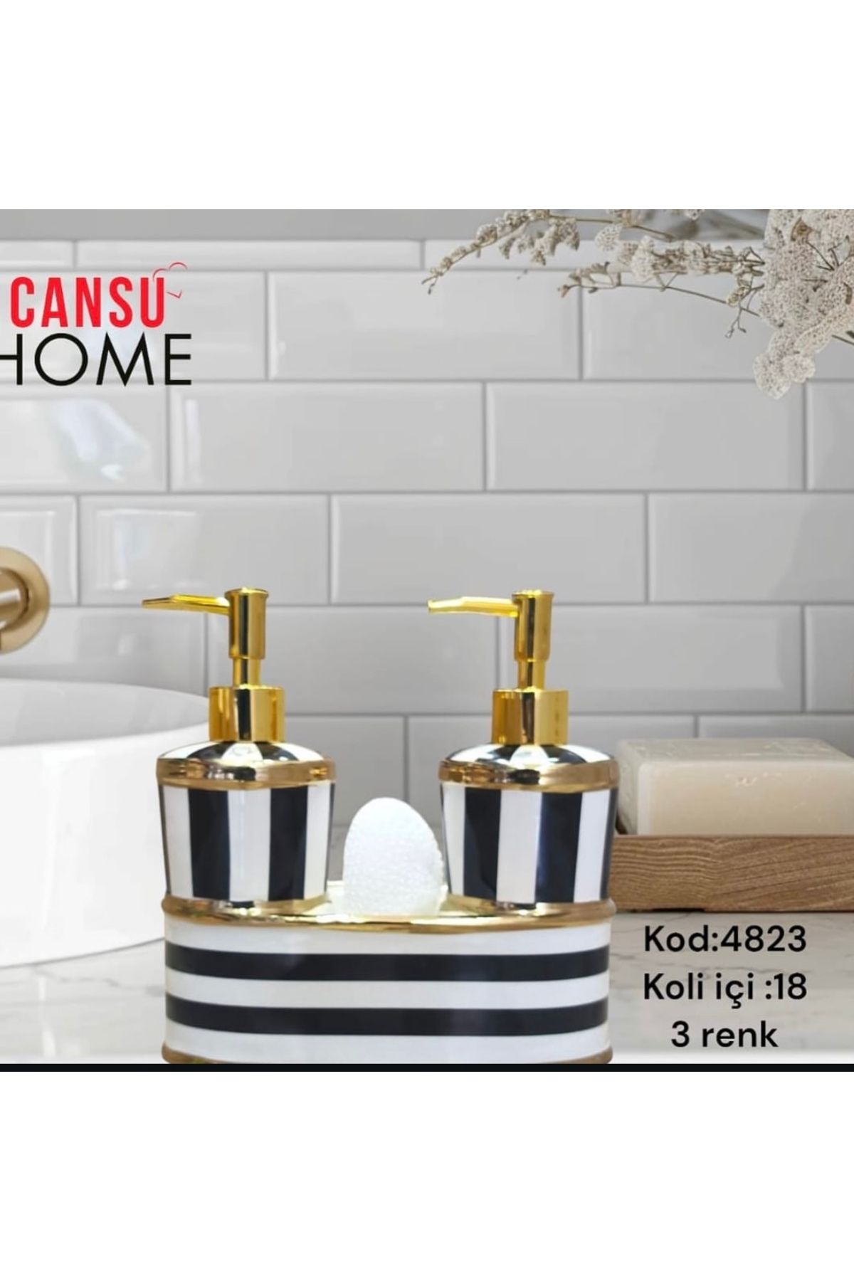 CANSU HOME 2'li Lüks Porselen Sıvı Sabunluk Seti - Altın Detaylı, Şık Tasarım