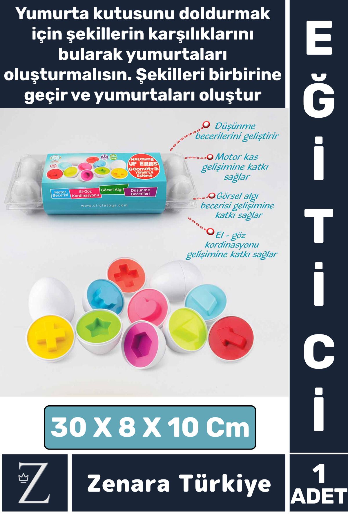 Zenara Çocuk Eğitici Düşünme Görsel Algı Eşleştirme Becerisi Geometrik Şekiller YUMURTA EŞLEME Oyunu 12'li
