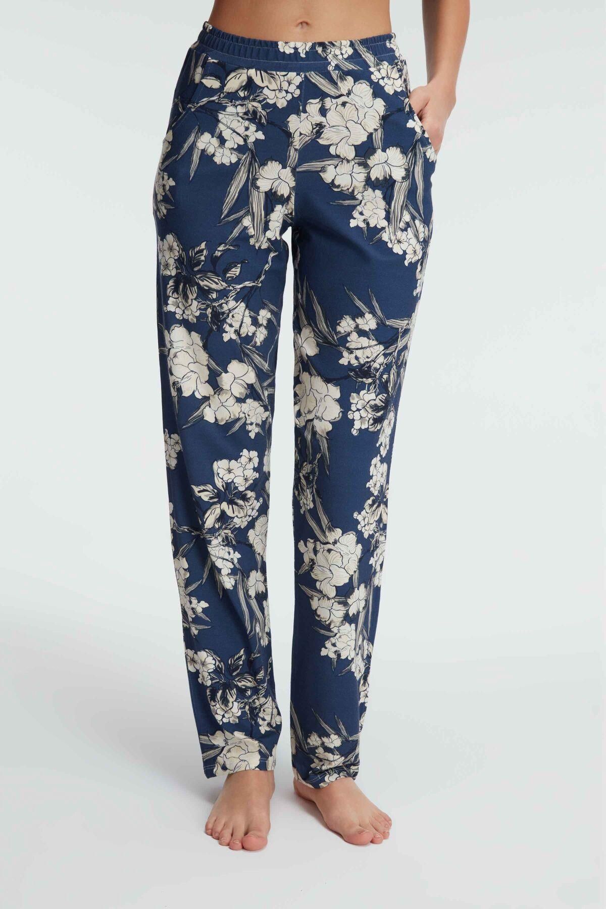 Motto10butik Anıl 9130 Günlük Ev Giyimi Viskon Çiçek Desenli Yazlık Örme Normal Bel Pijama Altı