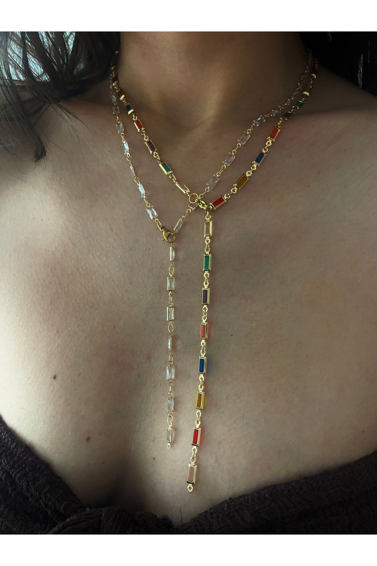 Hoop jewelery renkli zincir taşlı dekolye y kolye