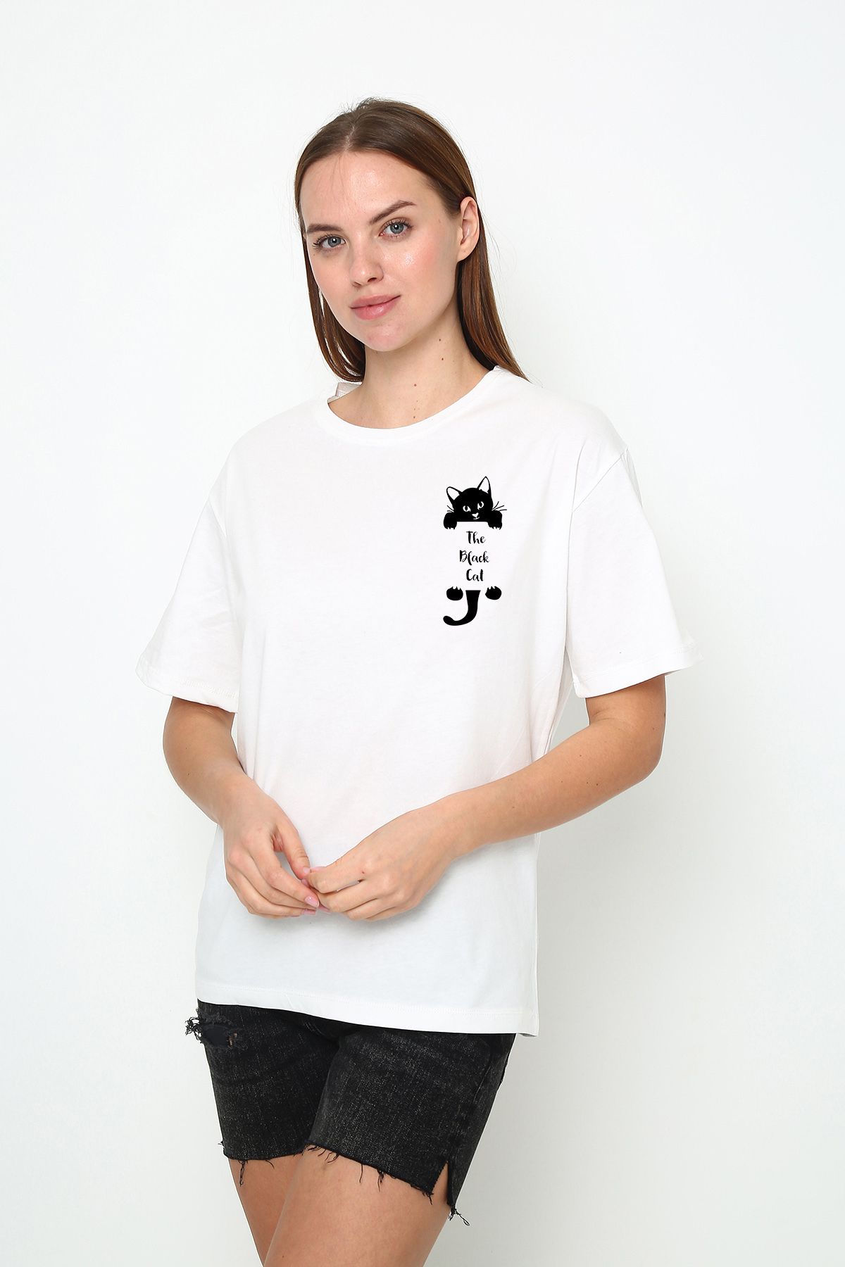 vikitekno oversize siyah kedi baskılı kadın t-shirt
